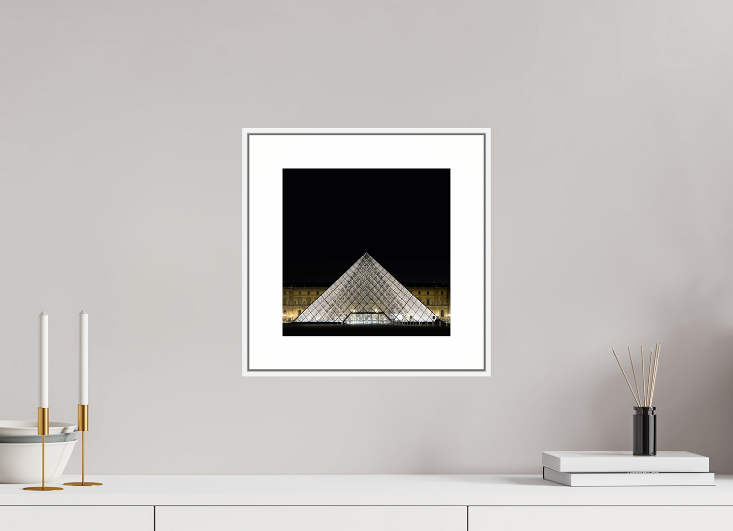 10 x 10″, White Matte Frame The Louvre Pyramid