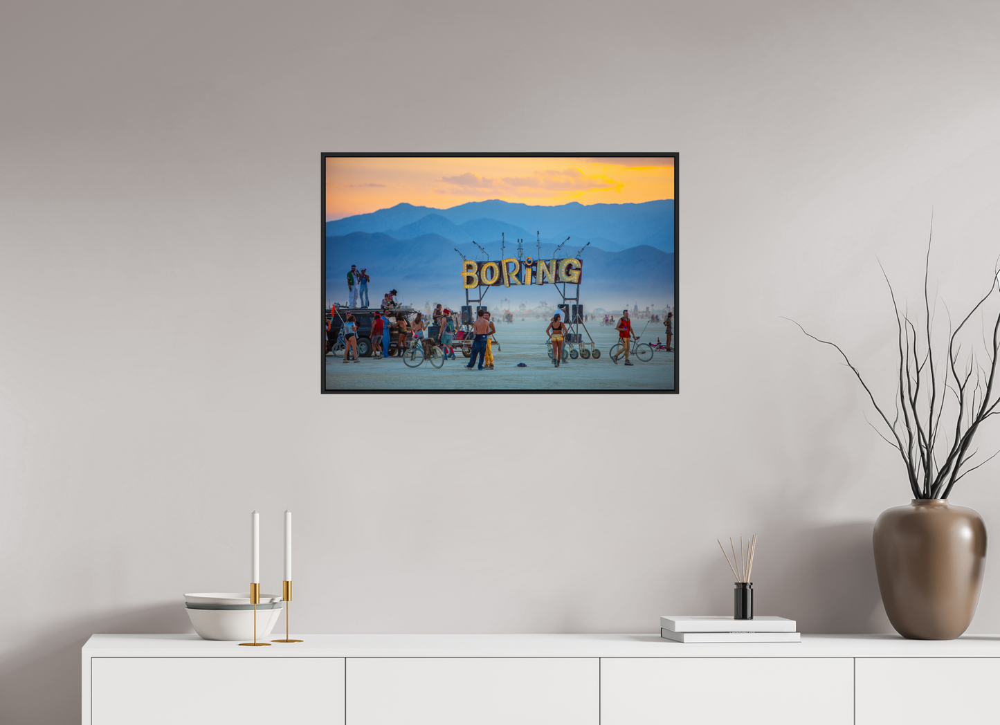 30 x 20″, Black Matte Frame, No Border Burning Man - Boring Sign