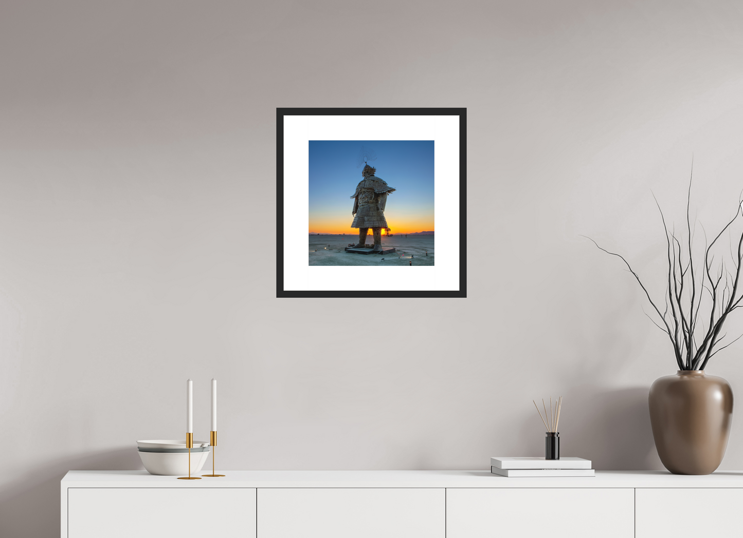 15 x 15″, Solid 0.8" Black Wood Frame With 3" Natural White Passe-Partout with Museum Glass Burning Man - The Samurai at Dawn (square format)