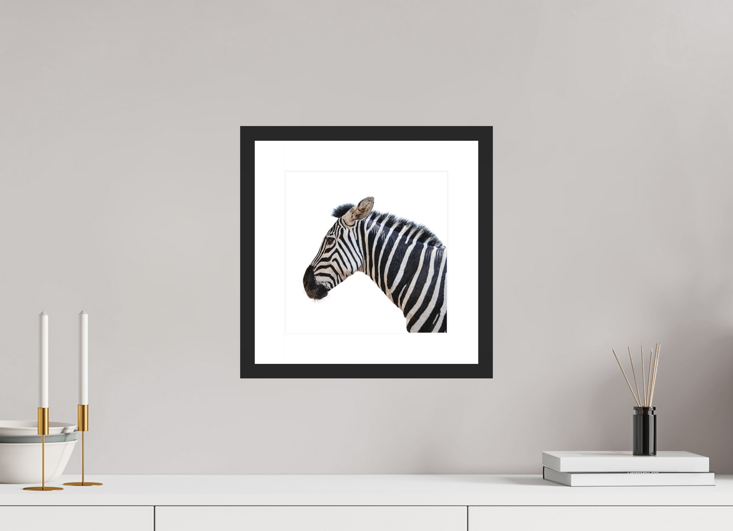 10 x 10″, Solid 0.8" Black Wood Frame With 2" Natural White Passe-Partout with Museum Glass Zebra
