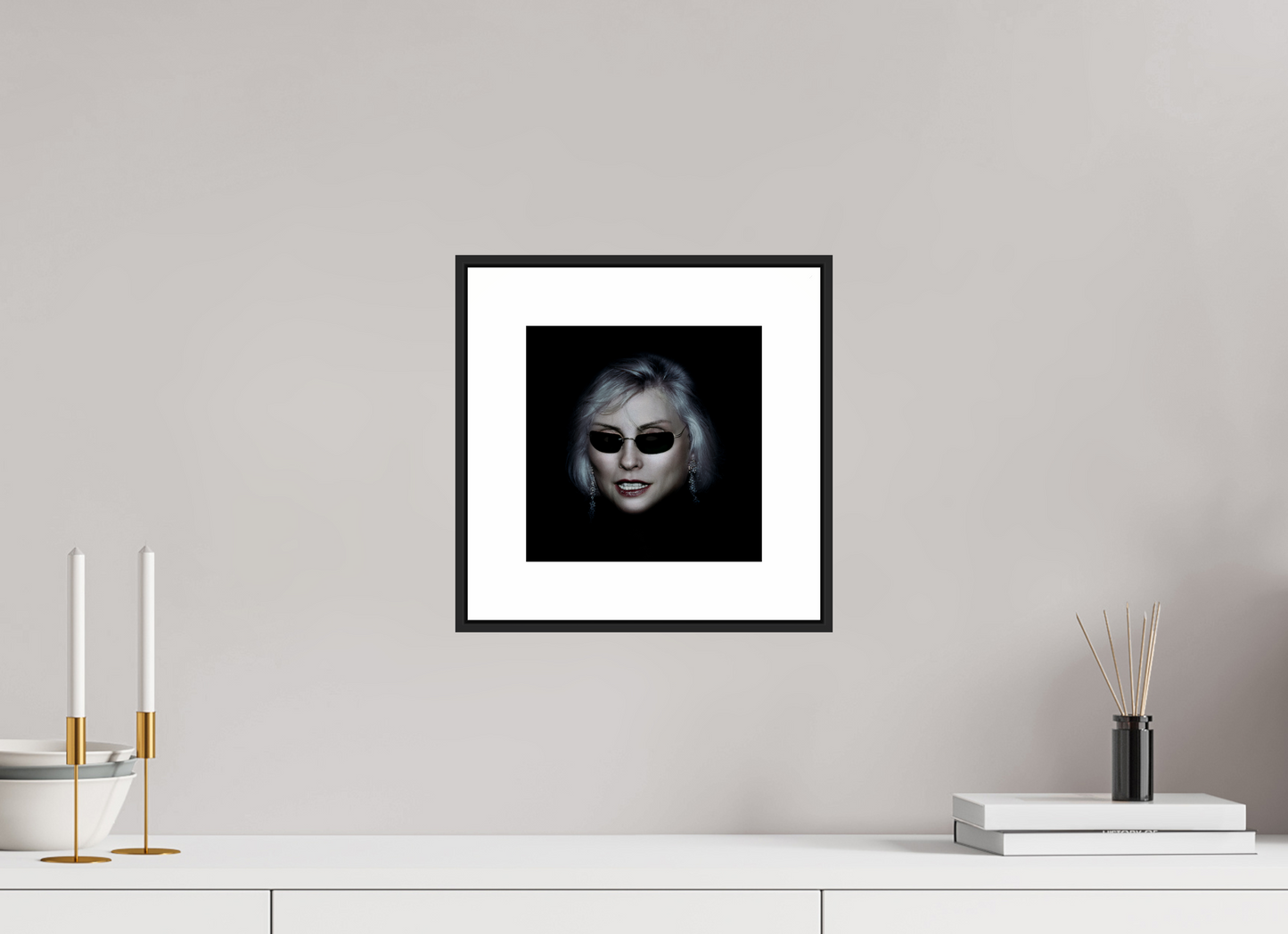 8 x 8″, Black Matte Frame Debbie Harry Wearing Glasses