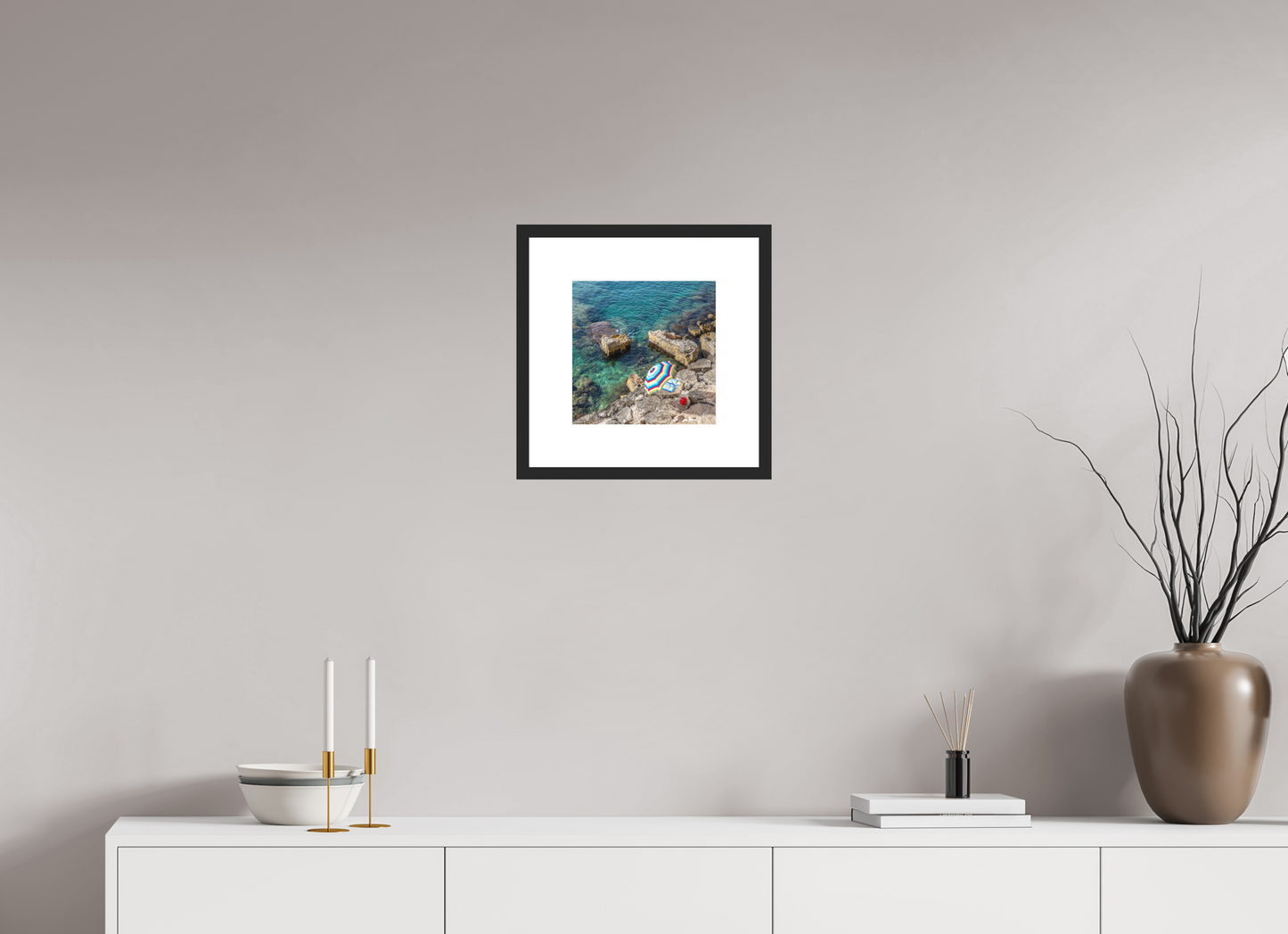10 x 10″, Solid 0.8" Black Wood Frame With 3" Natural White Passe-Partout with Museum Glass Monopoli Beach