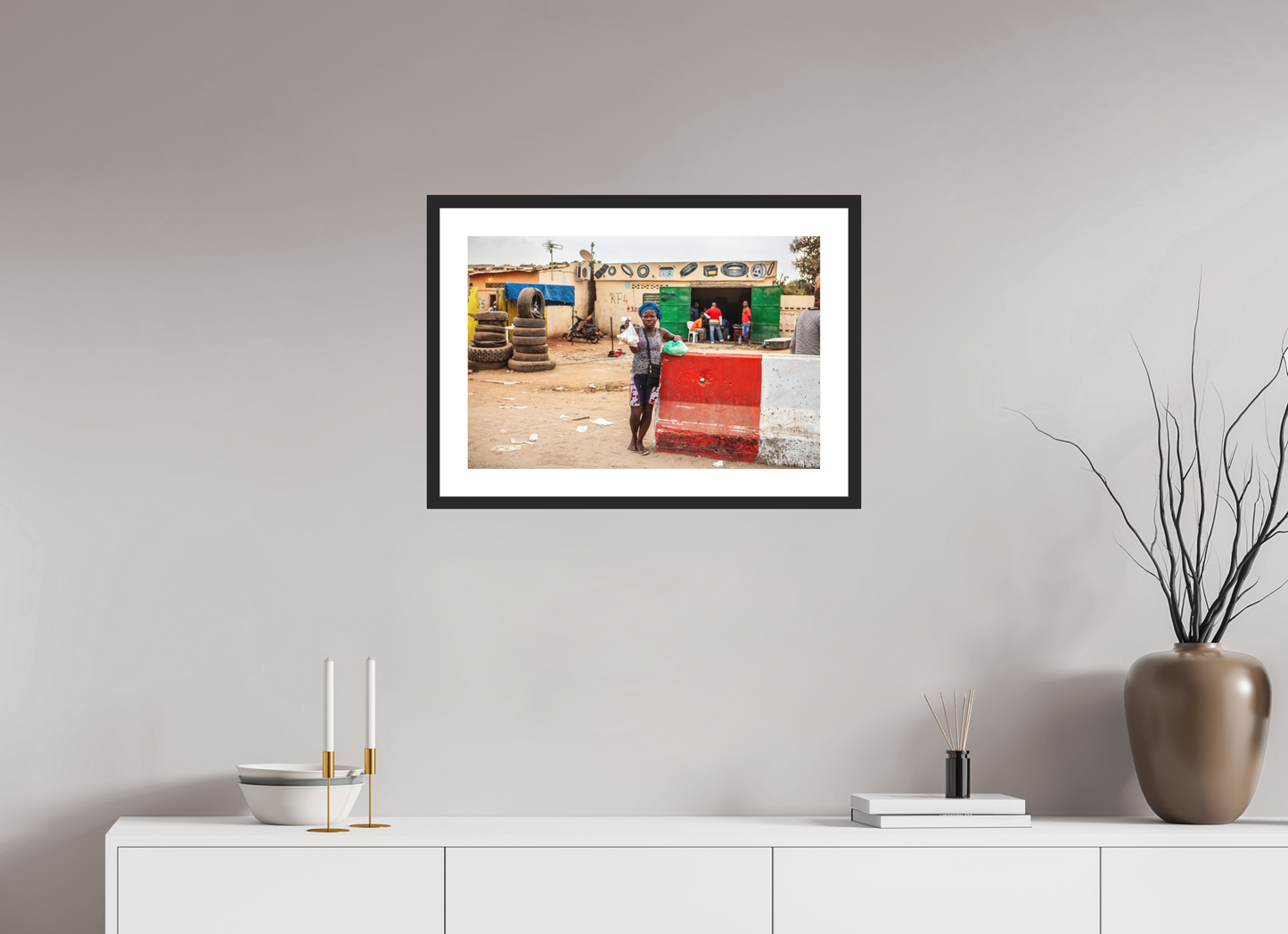 24 x 16″, Solid 0.8" Black Wood Frame With 2" Natural White Passe-Partout with Museum Glass Street Vendor, Angola