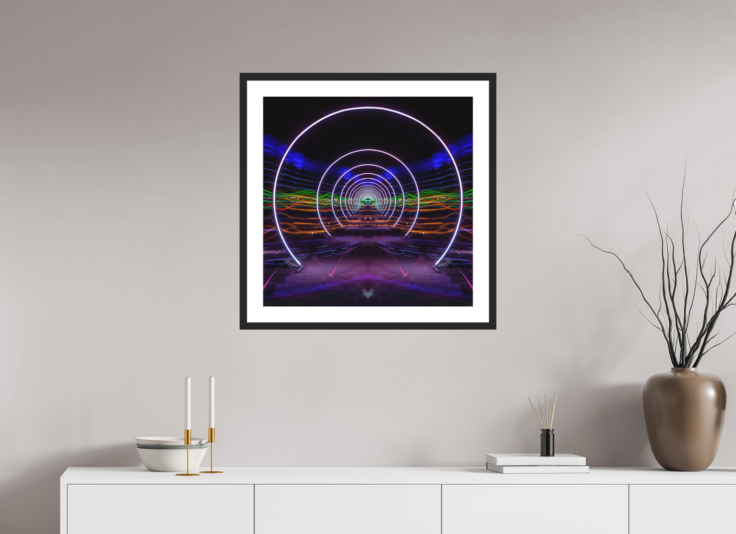 25 x 25″, Solid 0.8" Black Wood Frame With 2" Natural White Passe-Partout with Museum Glass Burning Man - Concentric Circles of Light