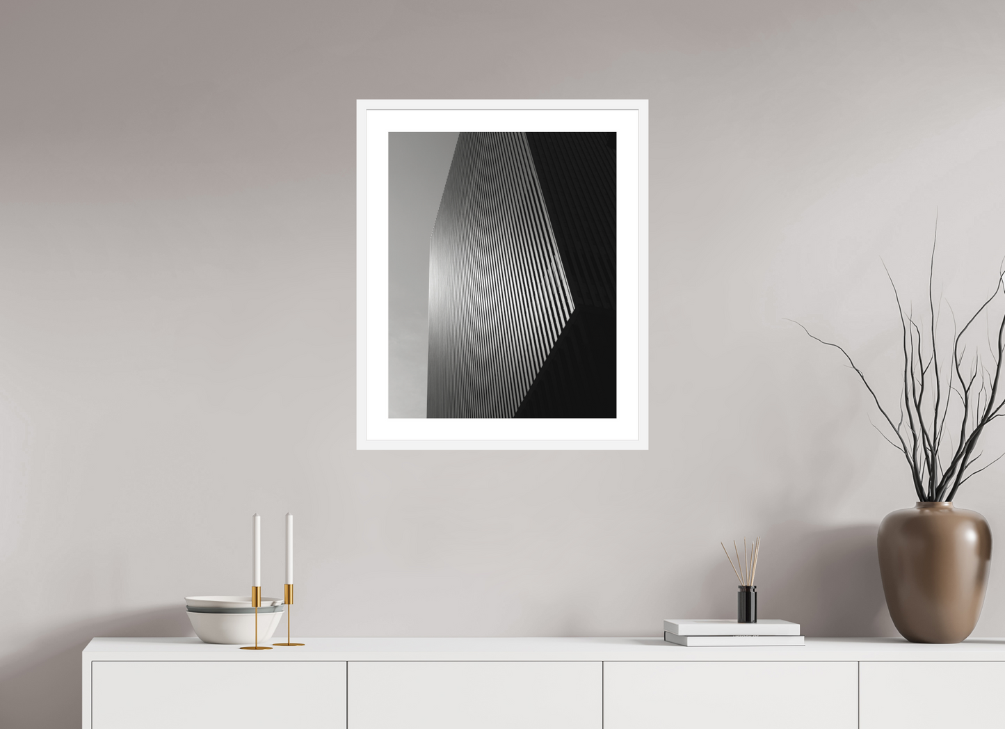 20 x 25″, Solid 0.8" White Wood Frame With 2" Natural White Passe-Partout with Museum Glass Architectural Facade