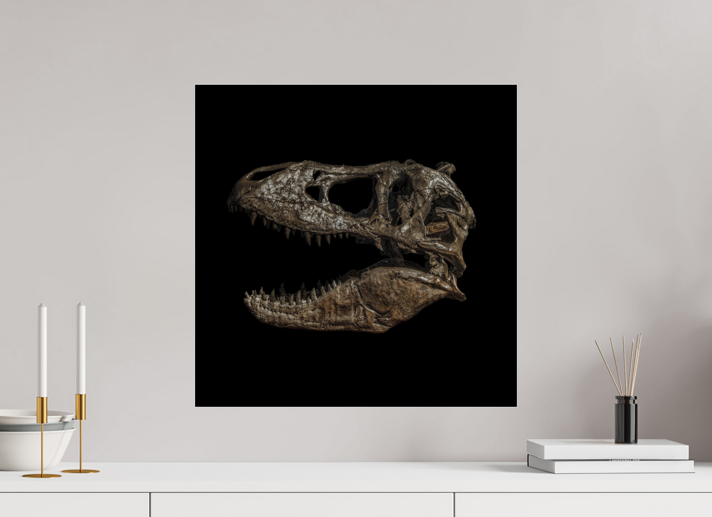 20 x 20″, Frameless Acrylic Glass T-Rex Skull