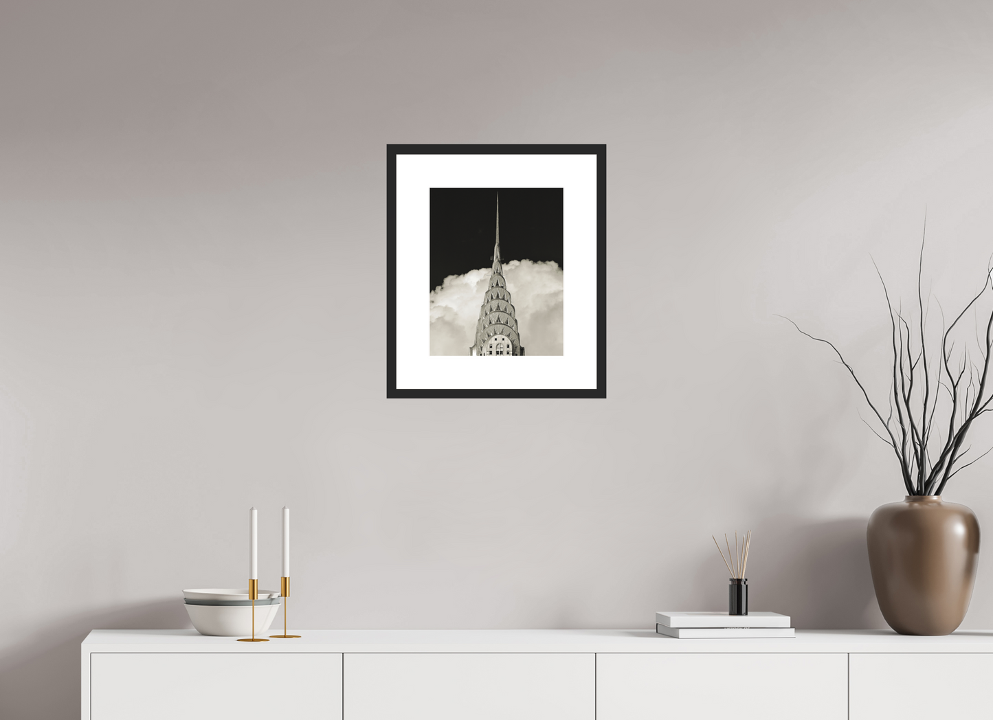 12 x 15″, Solid 0.8" Black Wood Frame With 3" Natural White Passe-Partout with Museum Glass Chrysler Building Against Clouds