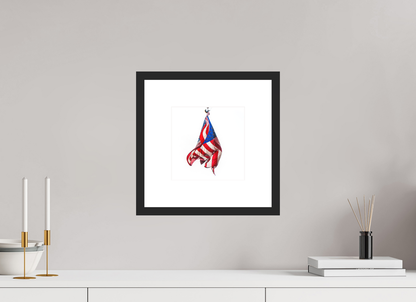 8 x 8″, Solid 0.8" Black Wood Frame With 3" Natural White Passe-Partout with Museum Glass Crumpled USA Flag