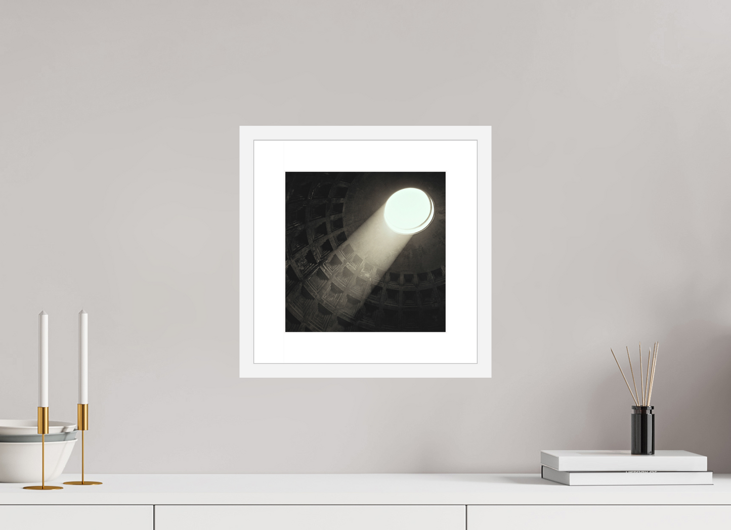 10 x 10″, Solid 0.8" White Wood Frame With 2" Natural White Passe-Partout with Museum Glass Pantheon Ceiling