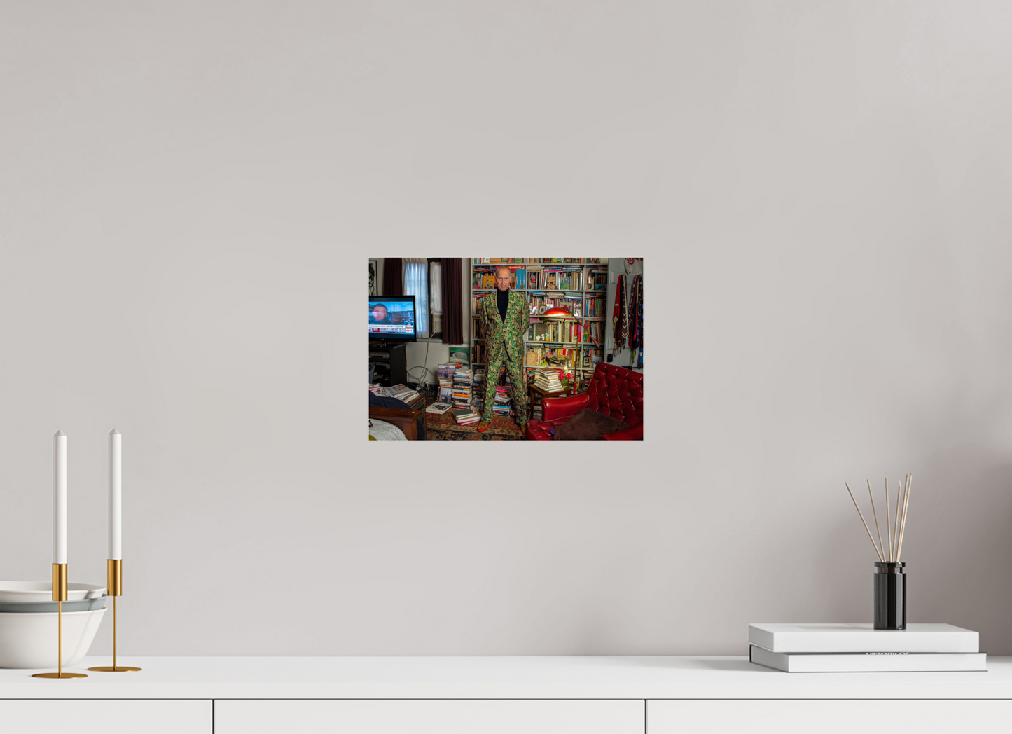 12 x 8″, Frameless Acrylic Glass Director John Waters in his Bedroom with TV