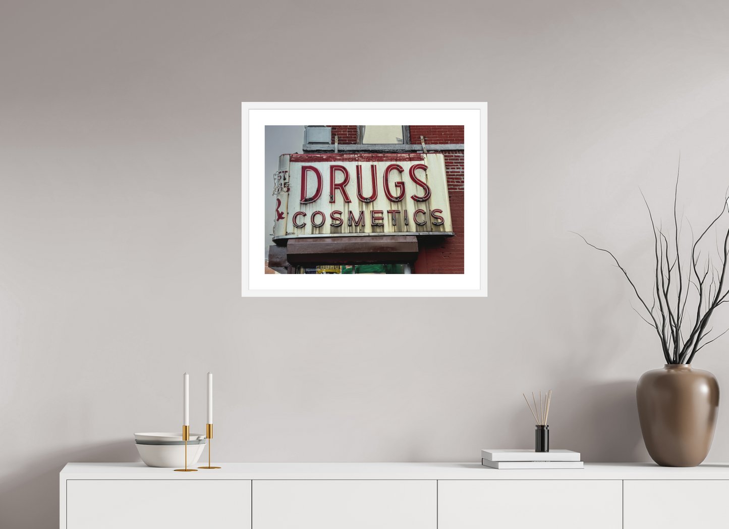 24 x 18″, Solid 0.8" White Wood Frame With 2" Natural White Passe-Partout with Museum Glass Drug Cosmetics Sign