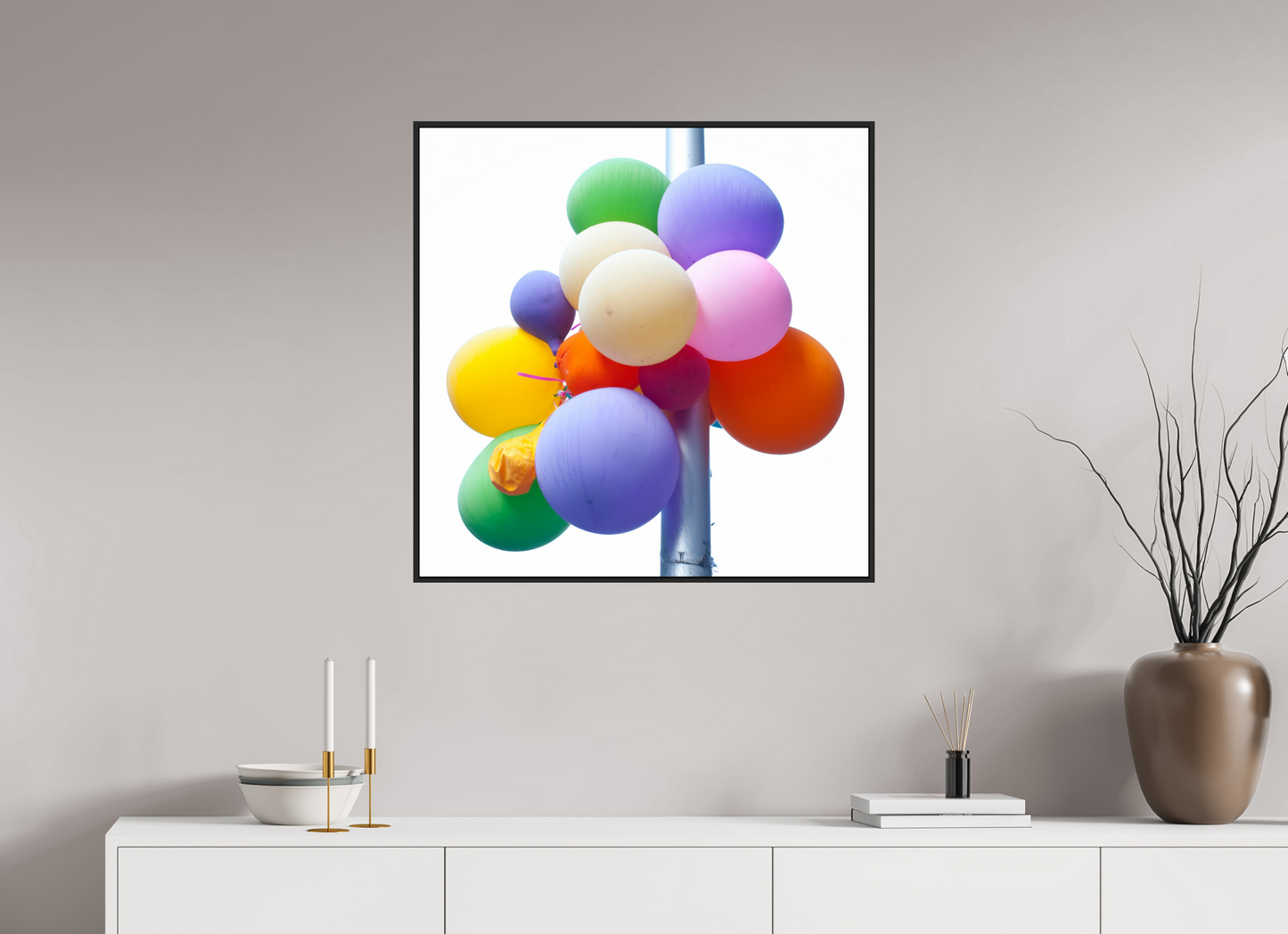 Colorful Ballons Tied to a Lamp Post