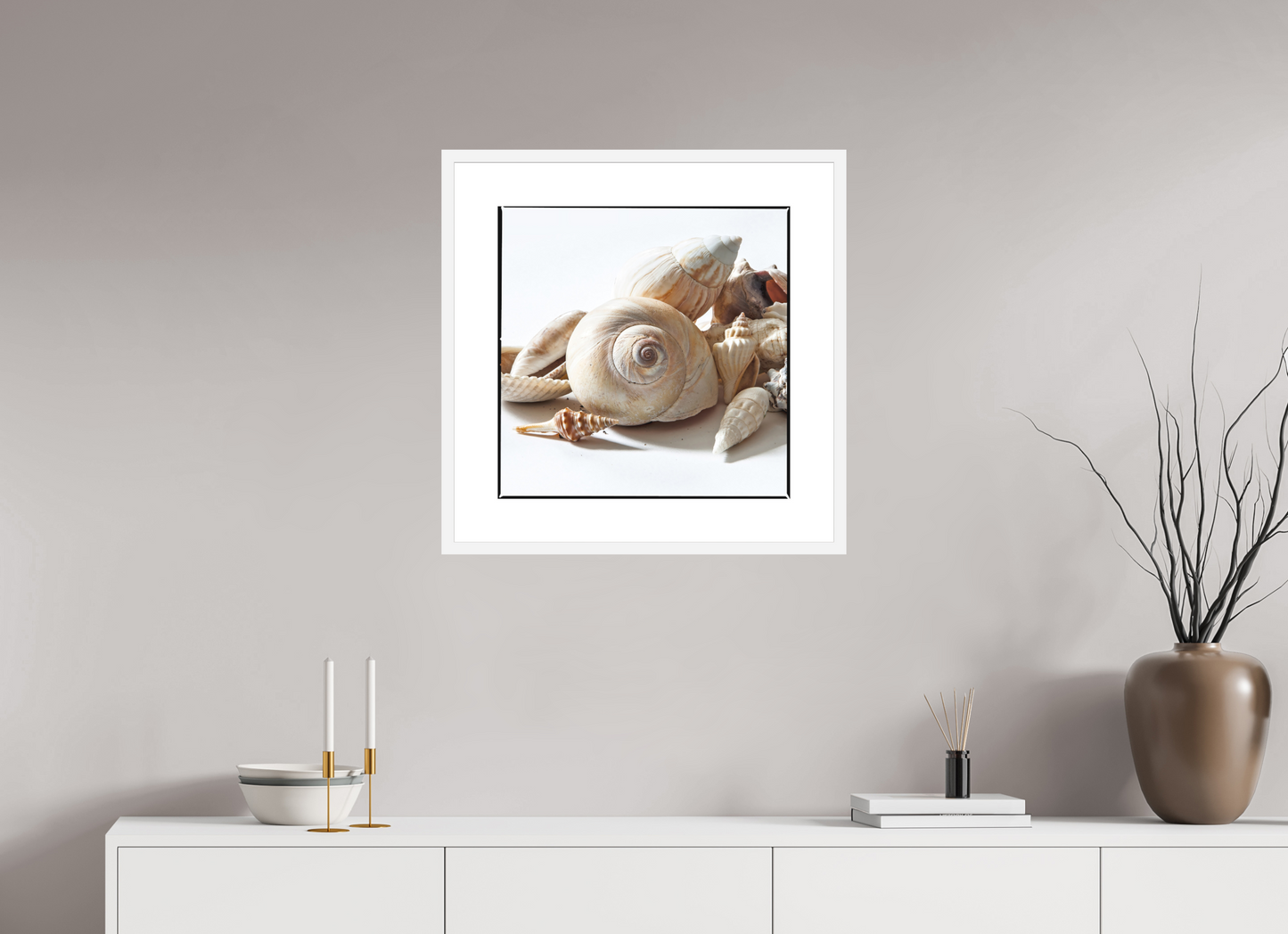 20 x 20″, Solid 0.8" White Wood Frame With 3" Natural White Passe-Partout with Museum Glass Sea Shells