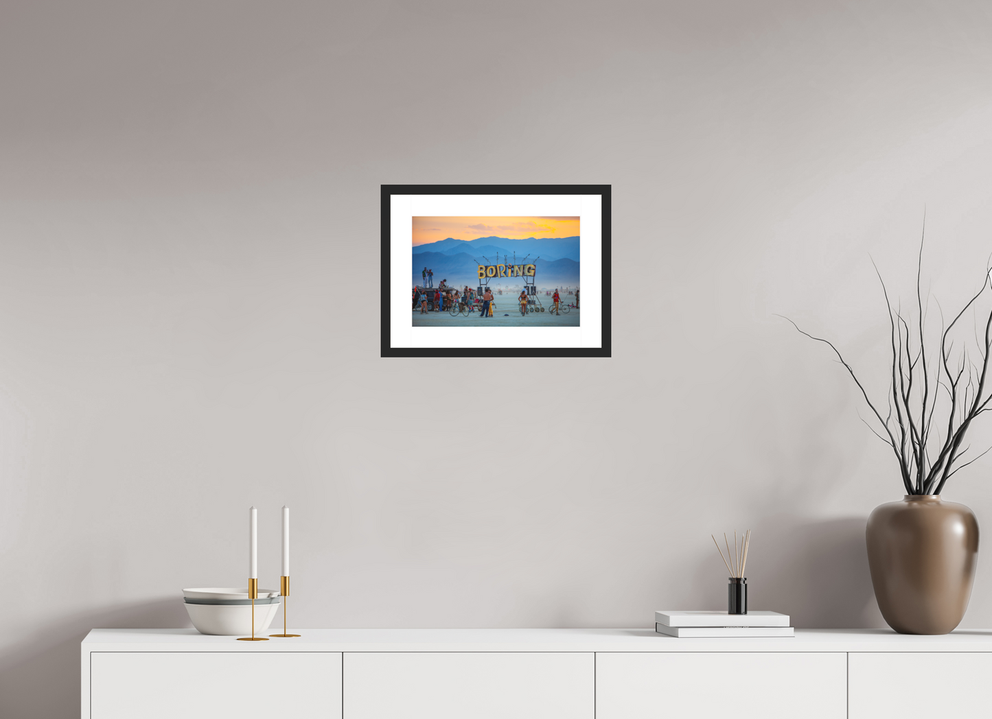 15 x 10″, Solid 0.8" Black Wood Frame With 2" Natural White Passe-Partout with Museum Glass Burning Man - Boring Sign