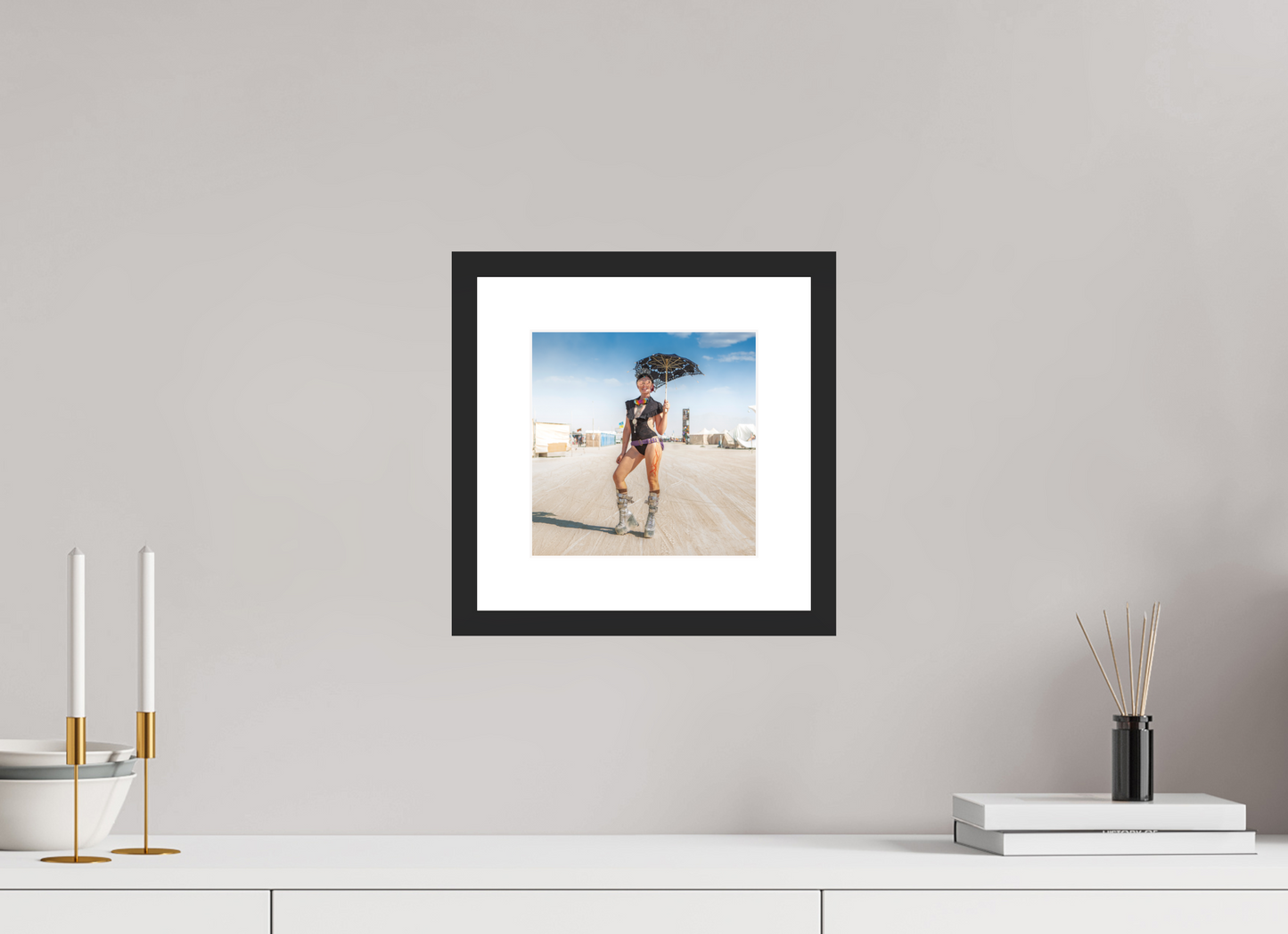 8 x 8″, Solid 0.8" Black Wood Frame With 2" Natural White Passe-Partout with Museum Glass Burning Man - Attendee with Parasol