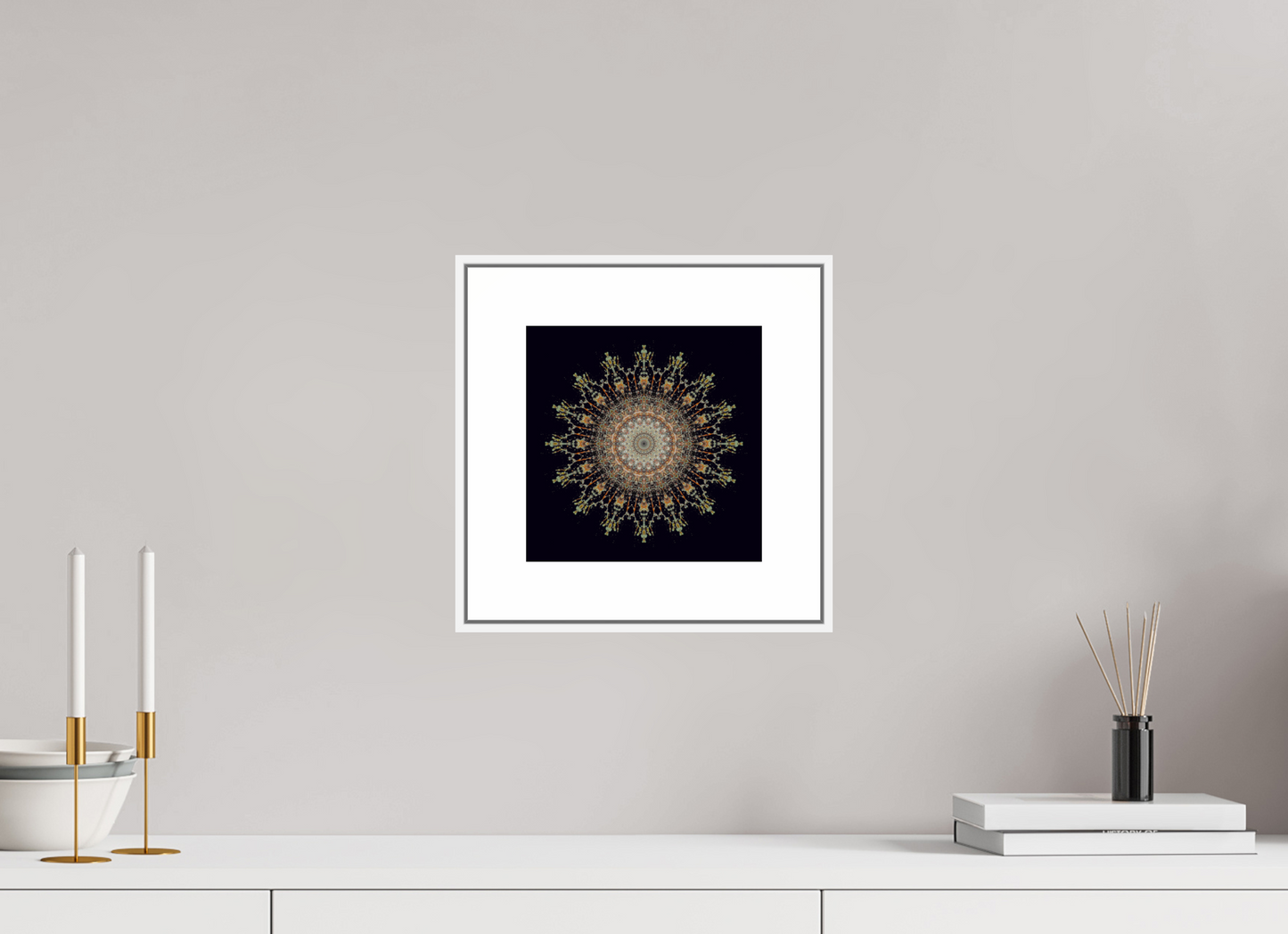 8 x 8″, White Matte Frame Water Mandala No. 4092