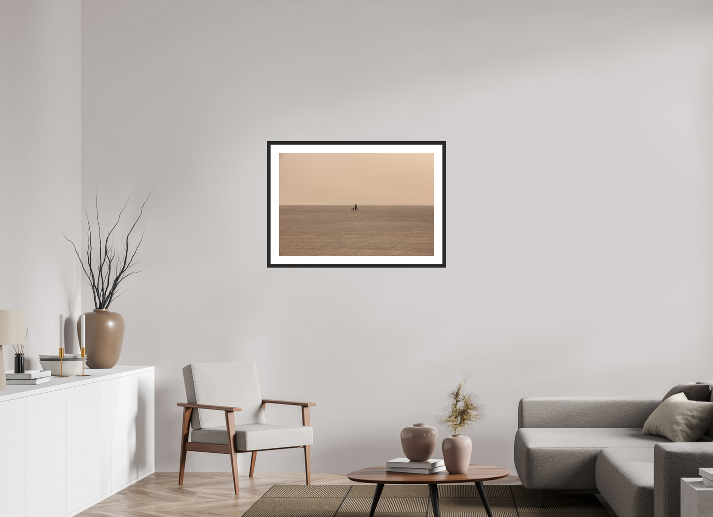 36 x 24″, Solid 0.8" Black Wood Frame With 2" Natural White Passe-Partout with Museum Glass Burning Man - Woman on Bike