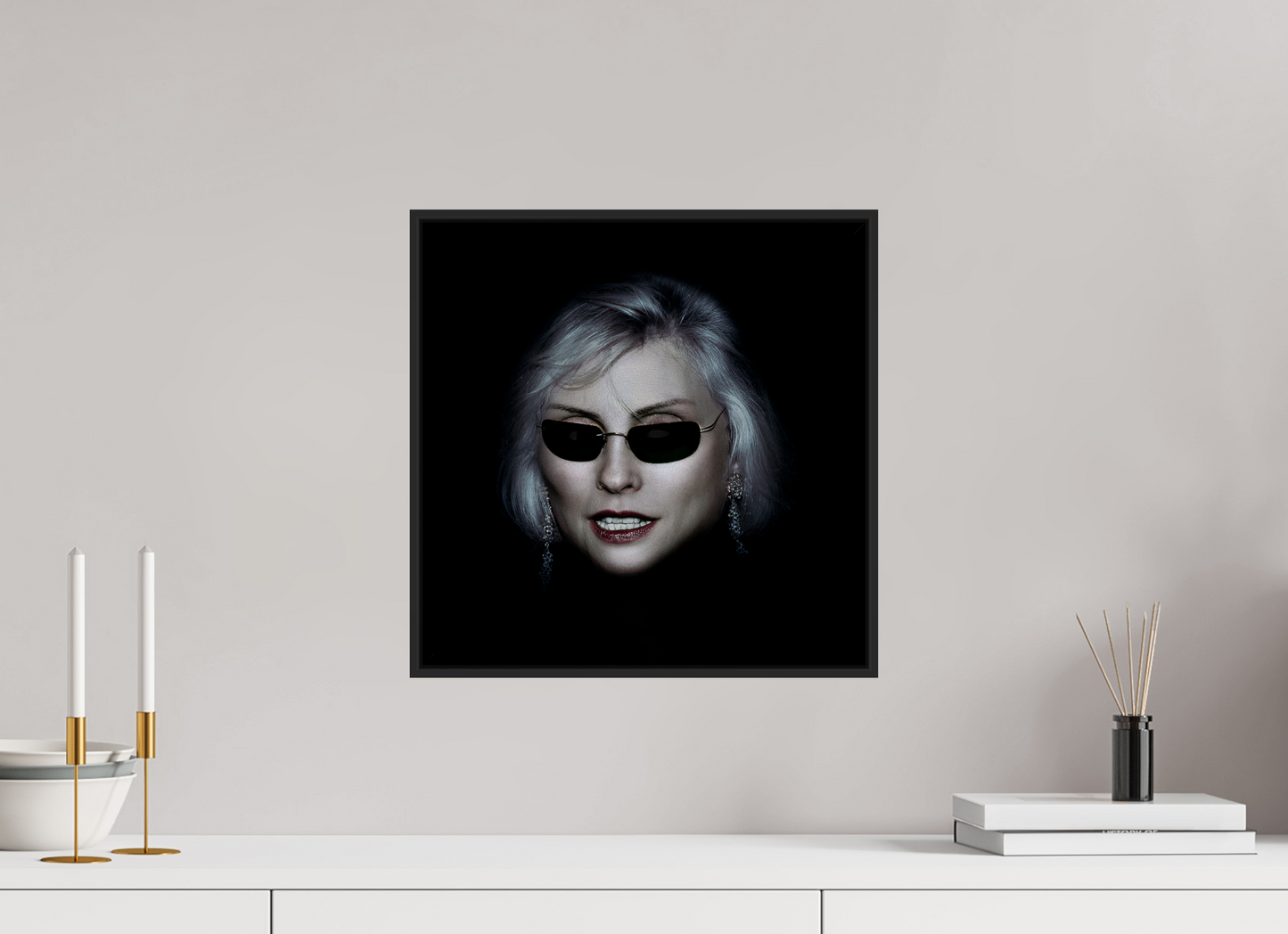 15 x 15″, Black Matte Frame, No Border Debbie Harry Wearing Glasses