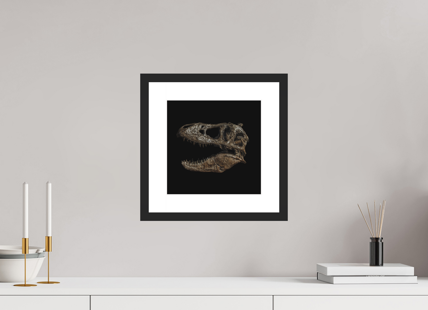 10 x 10″, Solid 0.8" Black Wood Frame With 2" Natural White Passe-Partout with Museum Glass T-Rex Skull