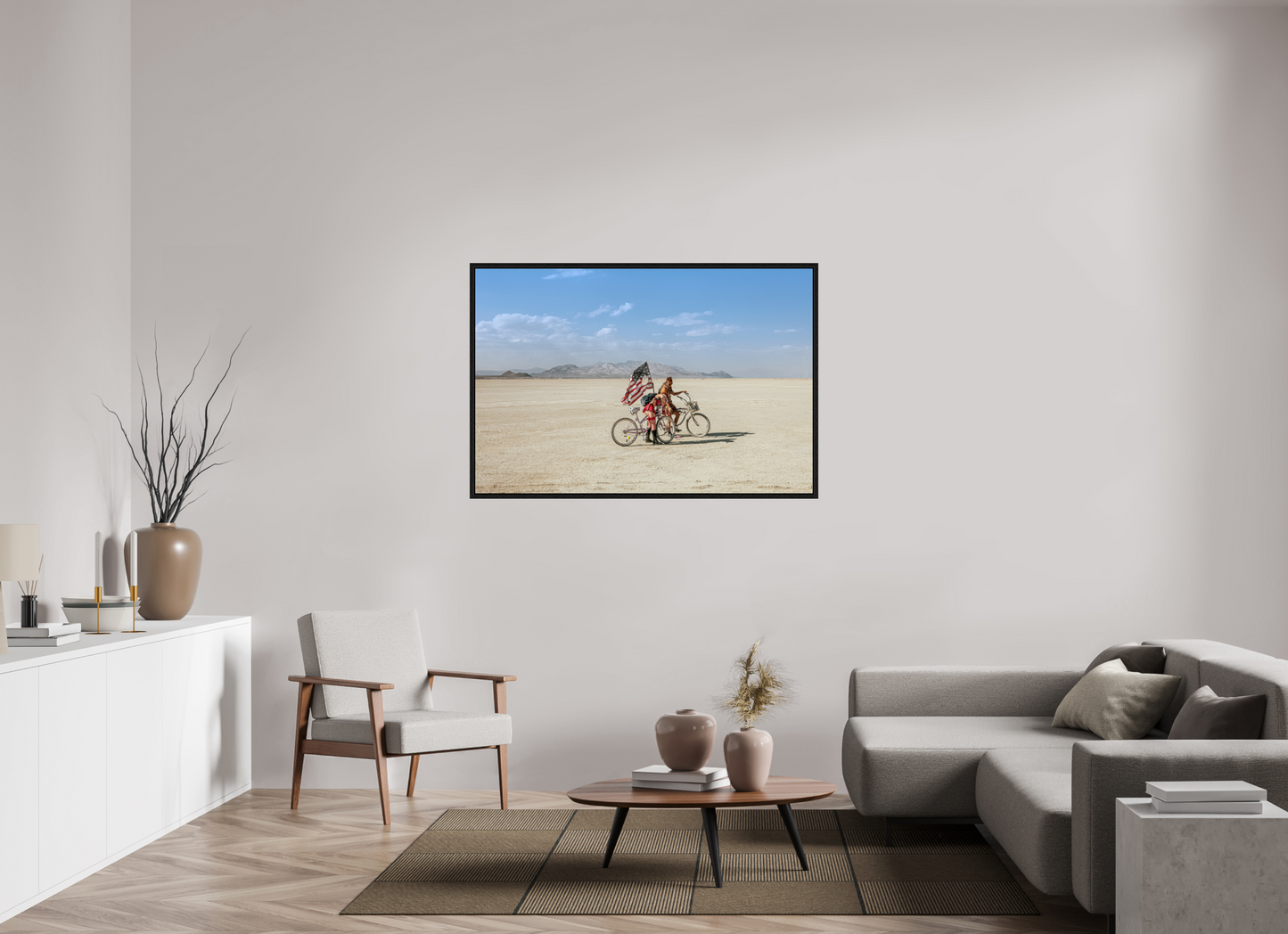 54 x 36″, Floater Frame Burning Man - Two with Bikes and USA Flag
