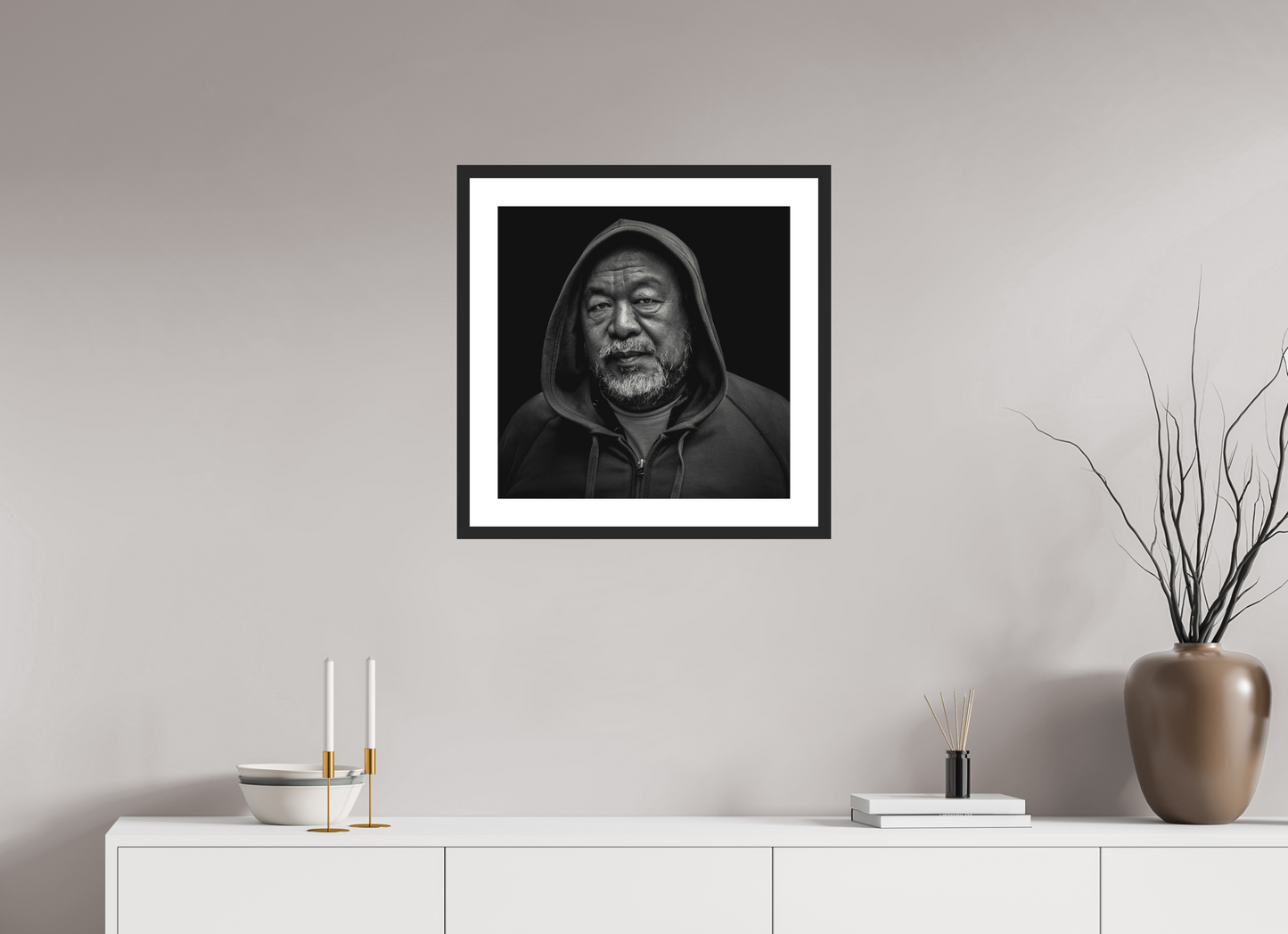20 x 20″, Solid 0.8" Black Wood Frame With 2" Natural White Passe-Partout with Museum Glass Ai WeiWei, Chinese contemporary artist