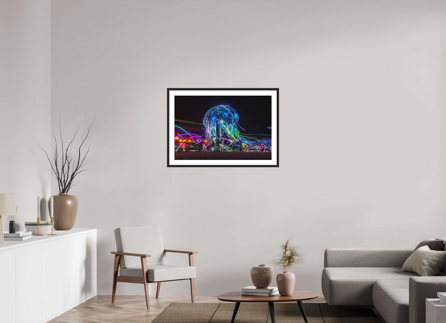 36 x 24″, Solid 0.8" Black Wood Frame With 2" Natural White Passe-Partout with Museum Glass Burning Man - Glass Jellyfish