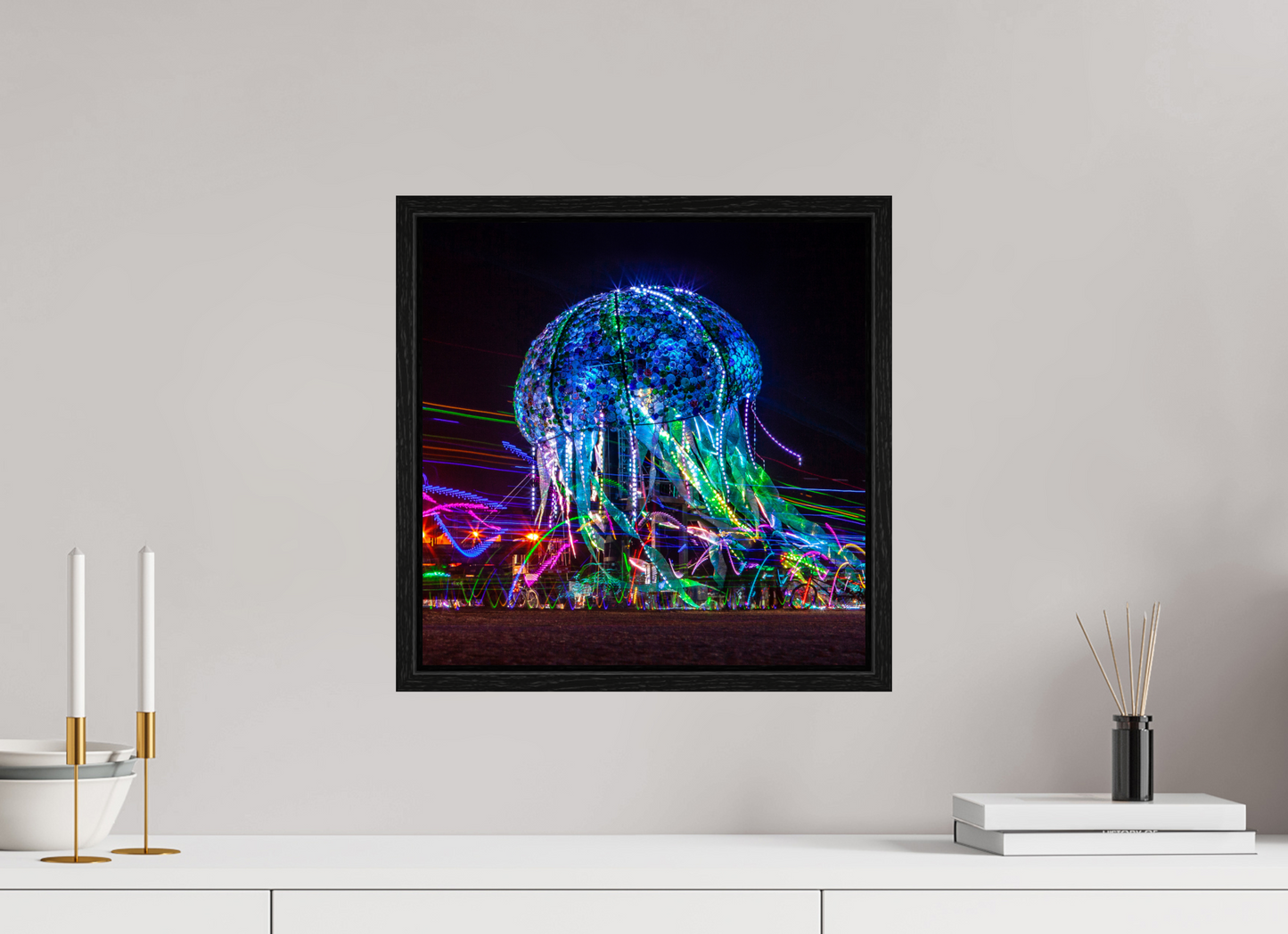 15 x 15″, Floater Frame Burning Man - Glass Jellyfish