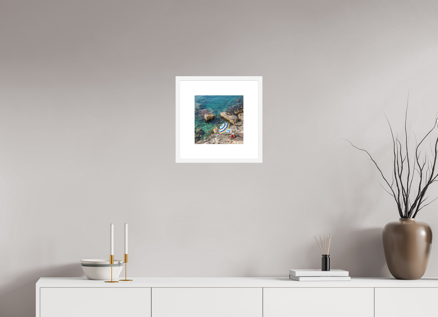 10 x 10″, Solid 0.8" White Wood Frame With 3" Natural White Passe-Partout with Museum Glass Monopoli Beach