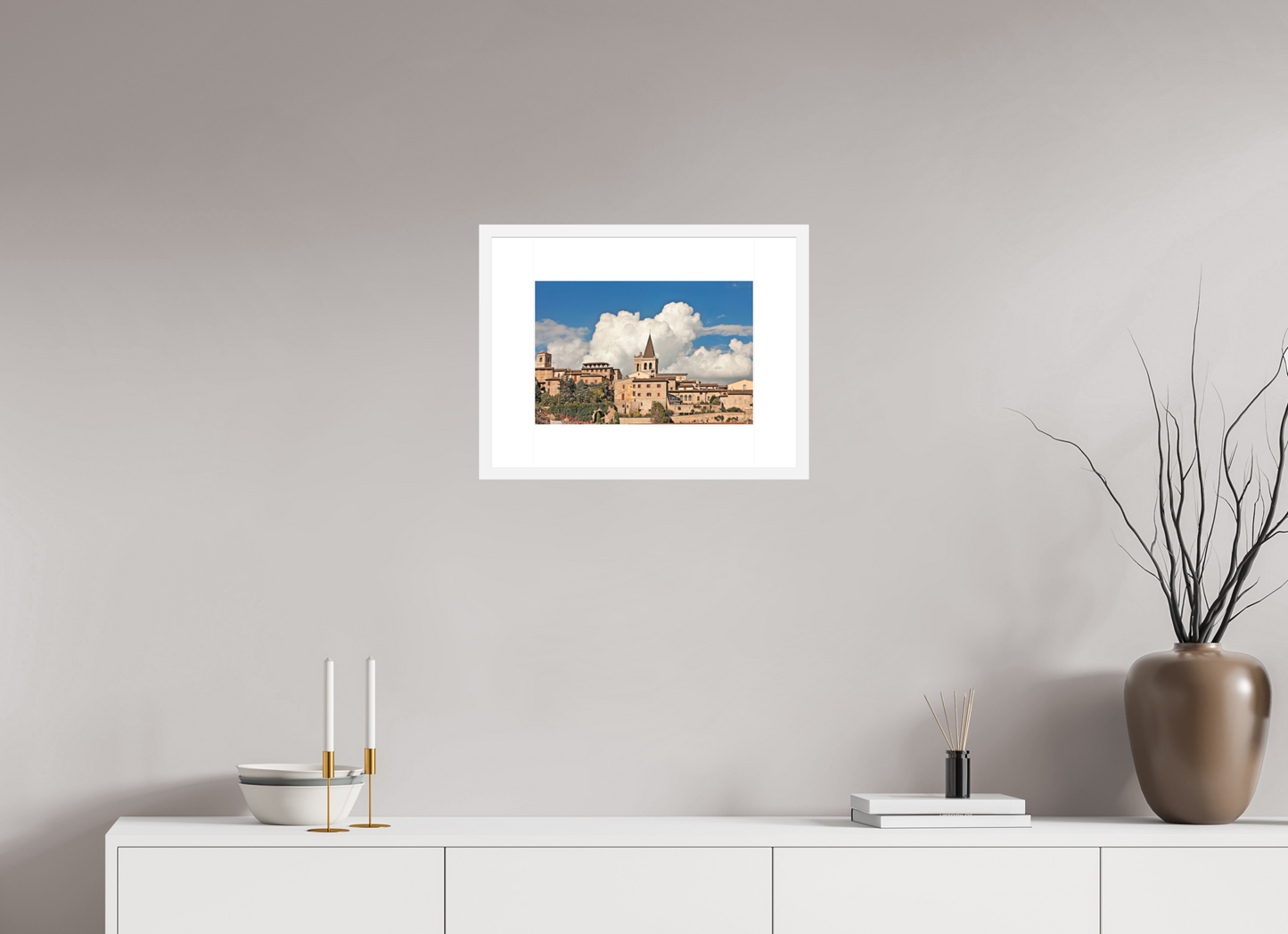 15 x 10″, Solid 0.8" White Wood Frame With 3" Natural White Passe-Partout with Museum Glass Town of Spello Umbria