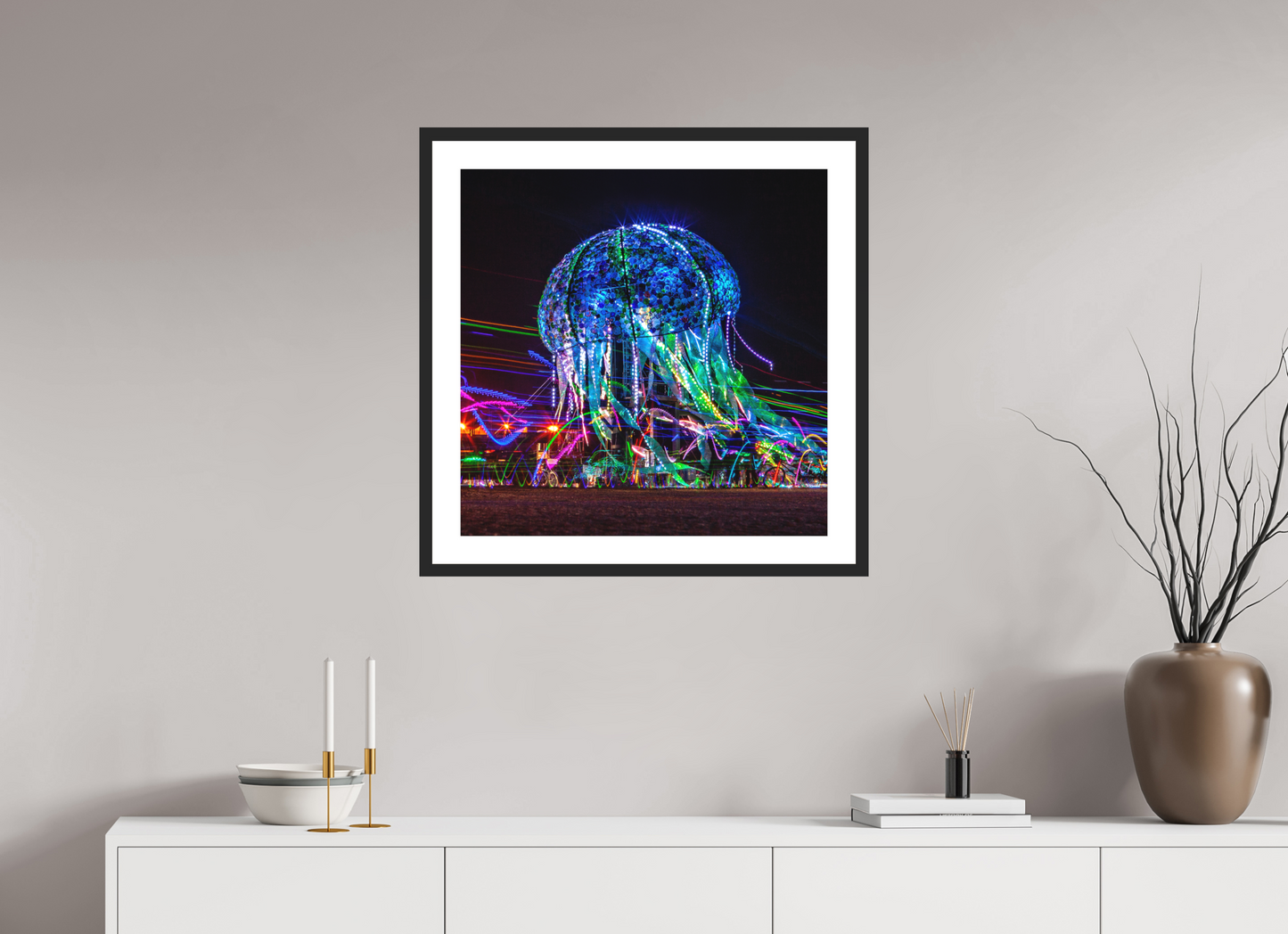 25 x 25″, Solid 0.8" Black Wood Frame With 2" Natural White Passe-Partout with Museum Glass Burning Man - Glass Jellyfish (square format)