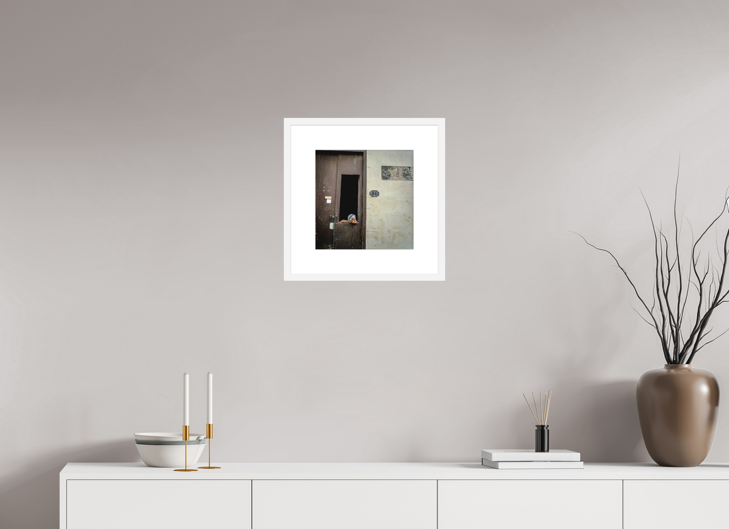 12 x 12.2″, Solid 0.8" White Wood Frame With 3" Natural White Passe-Partout with Museum Glass Cuban Woman in Window, Havana