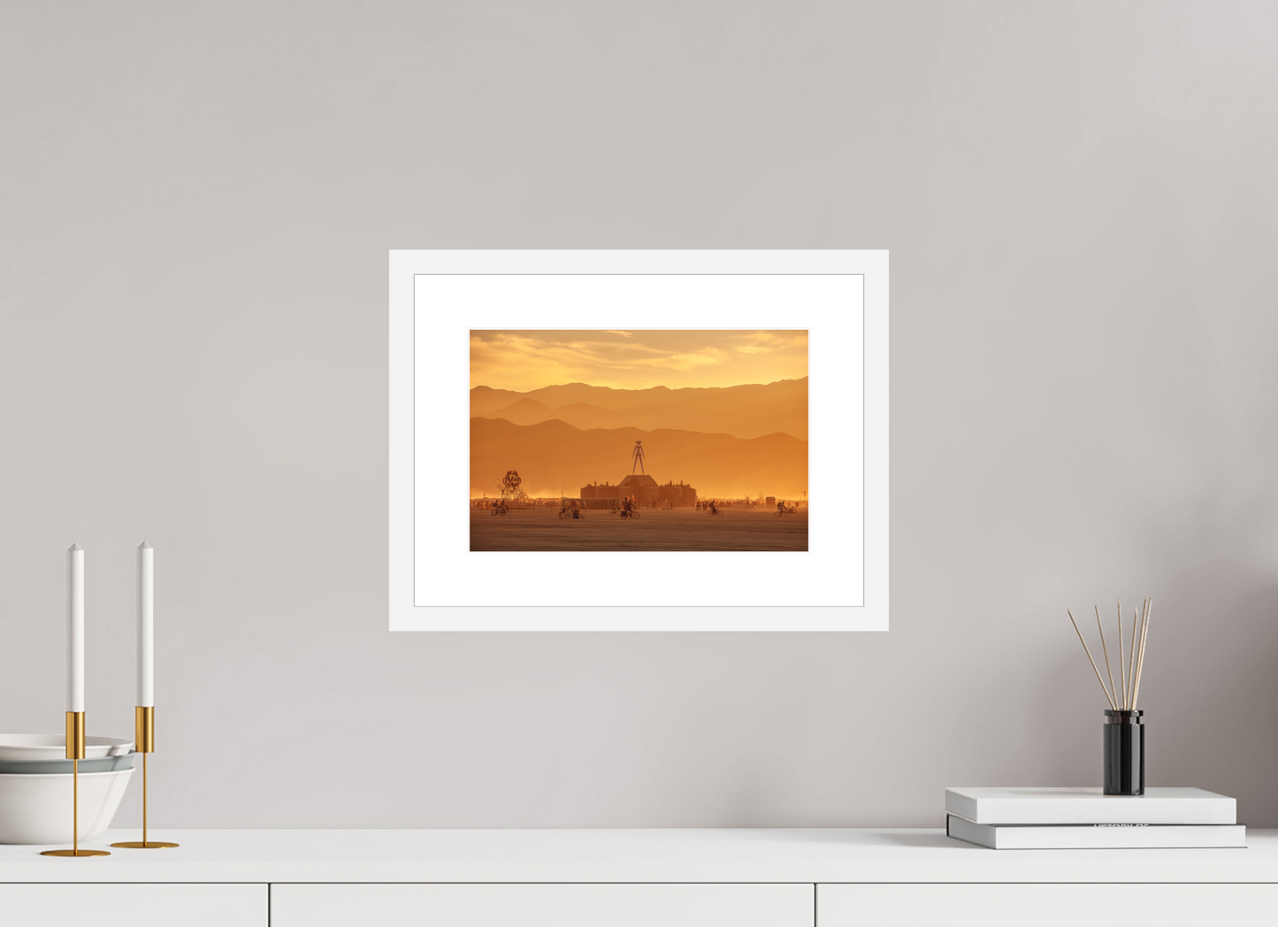 12 x 8″, Solid 0.8" White Wood Frame With 2" Natural White Passe-Partout with Museum Glass Burning Man - Burning Man and Mountains