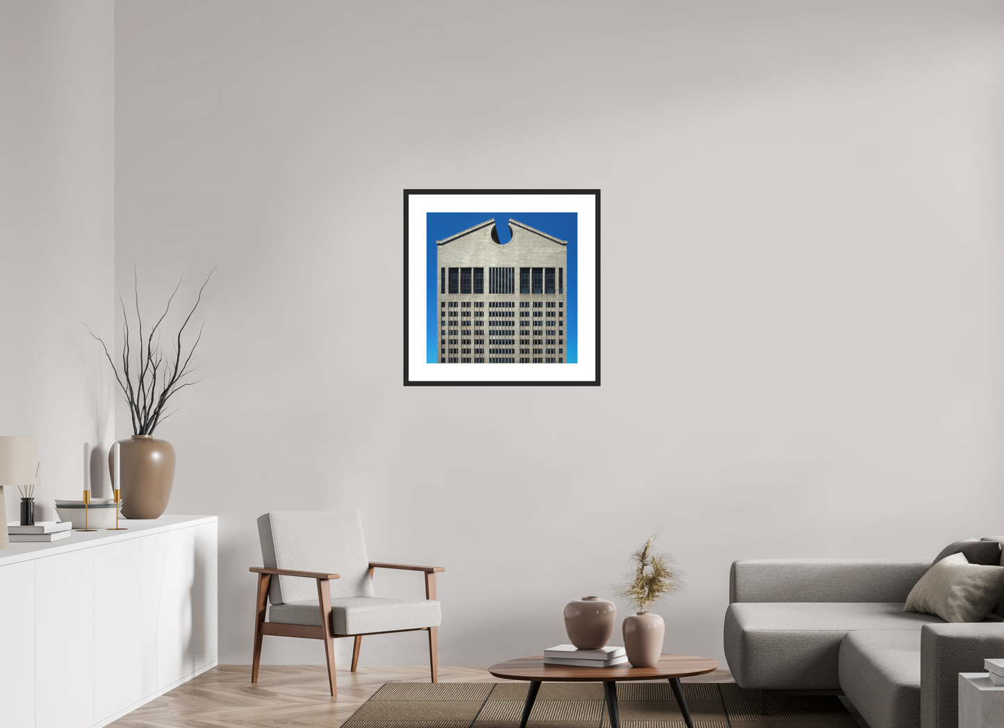 25 x 25″, Solid 0.8" Black Wood Frame With 3" Natural White Passe-Partout with Museum Glass The Chippendale Building