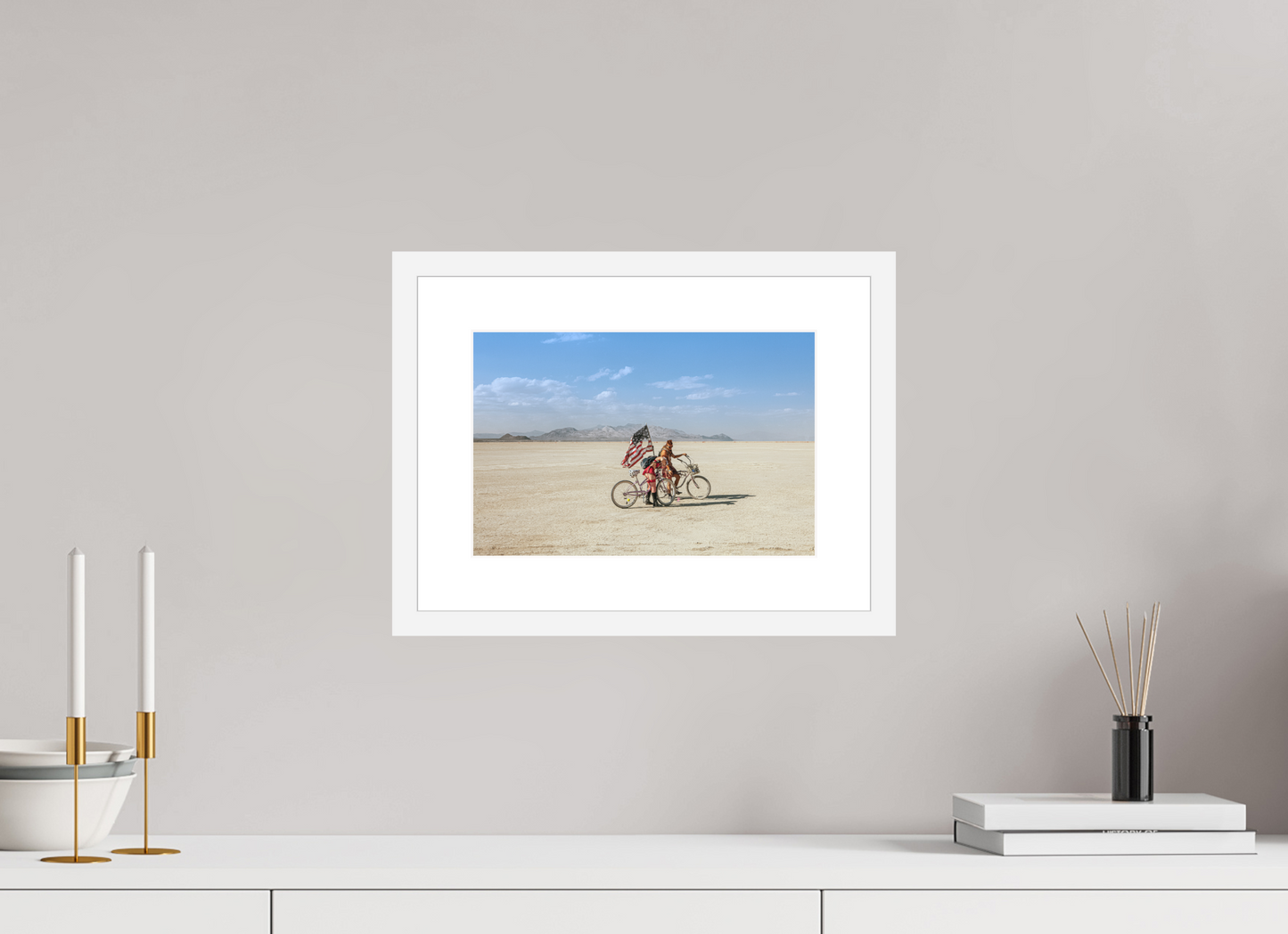 12 x 8″, Solid 0.8" White Wood Frame With 2" Natural White Passe-Partout with Museum Glass Burning Man - Two with Bikes and USA Flag