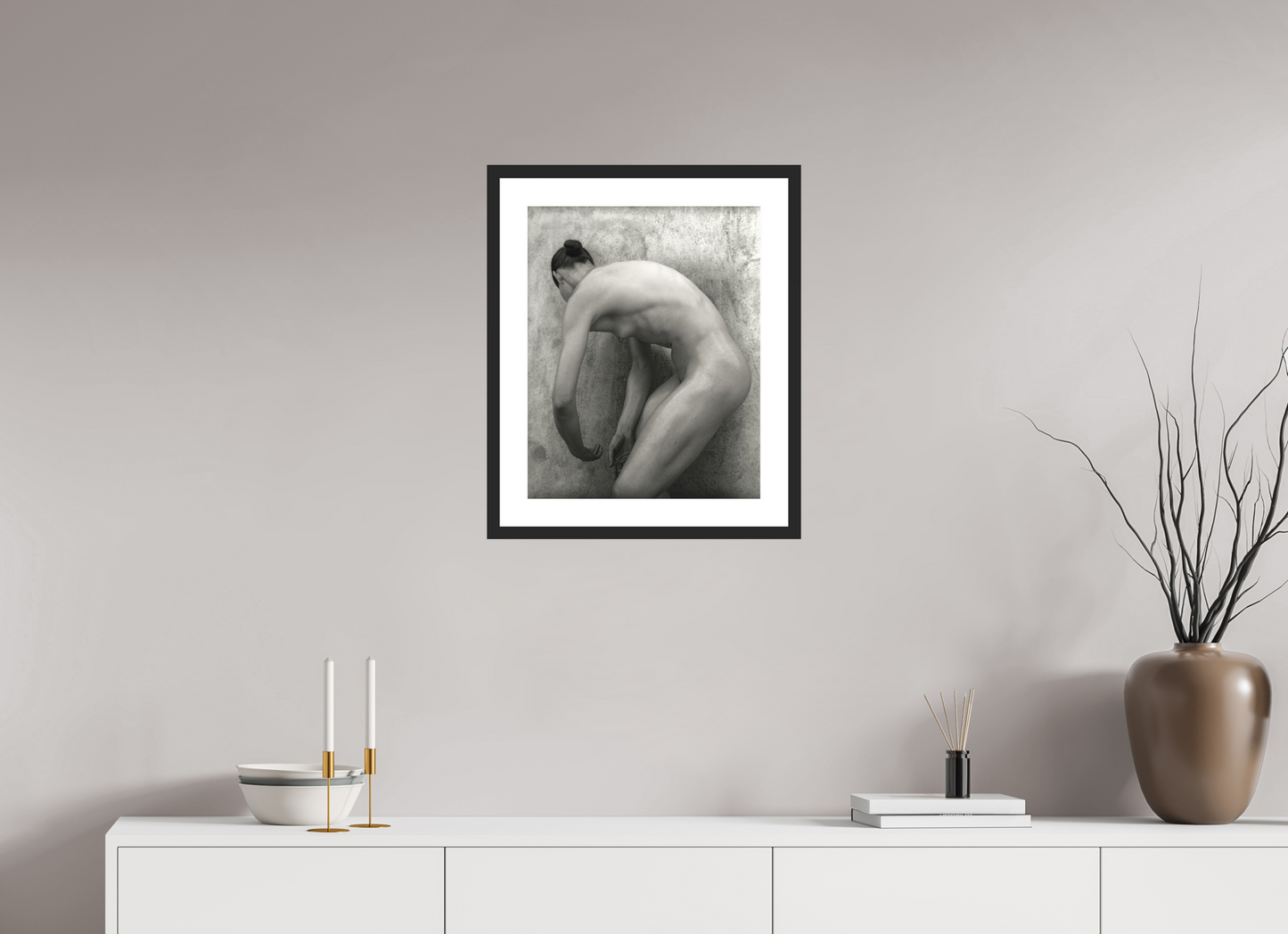 16 x 20″, Solid 0.8" Black Wood Frame With 2" Natural White Passe-Partout with Museum Glass Nude No. 60