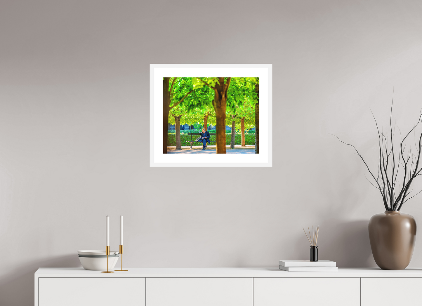 20 x 16″, Solid 0.8" White Wood Frame With 2" Natural White Passe-Partout with Museum Glass Man Reading in Palais-Royal Garden