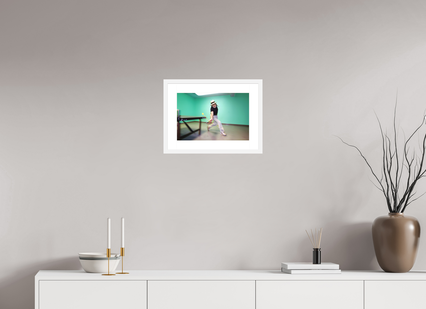 15 x 10″, Solid 0.8" White Wood Frame With 2" Natural White Passe-Partout with Museum Glass Marty Reisman