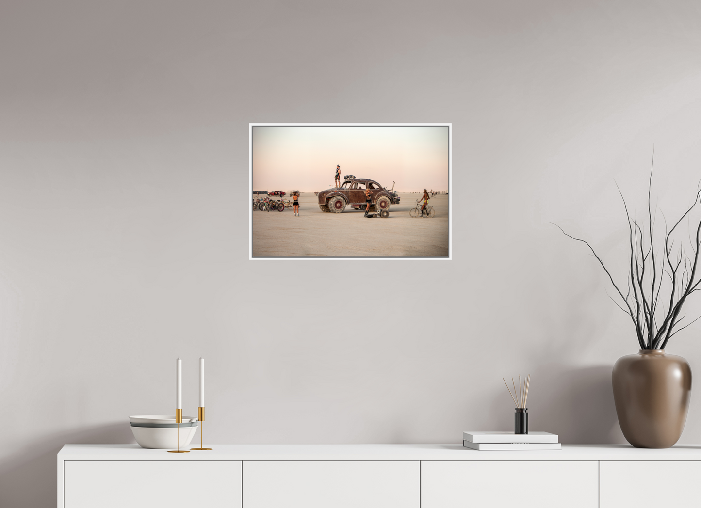 24 x 16″, White Matte Frame, No Border Burning Man - Art Car Large VW FF