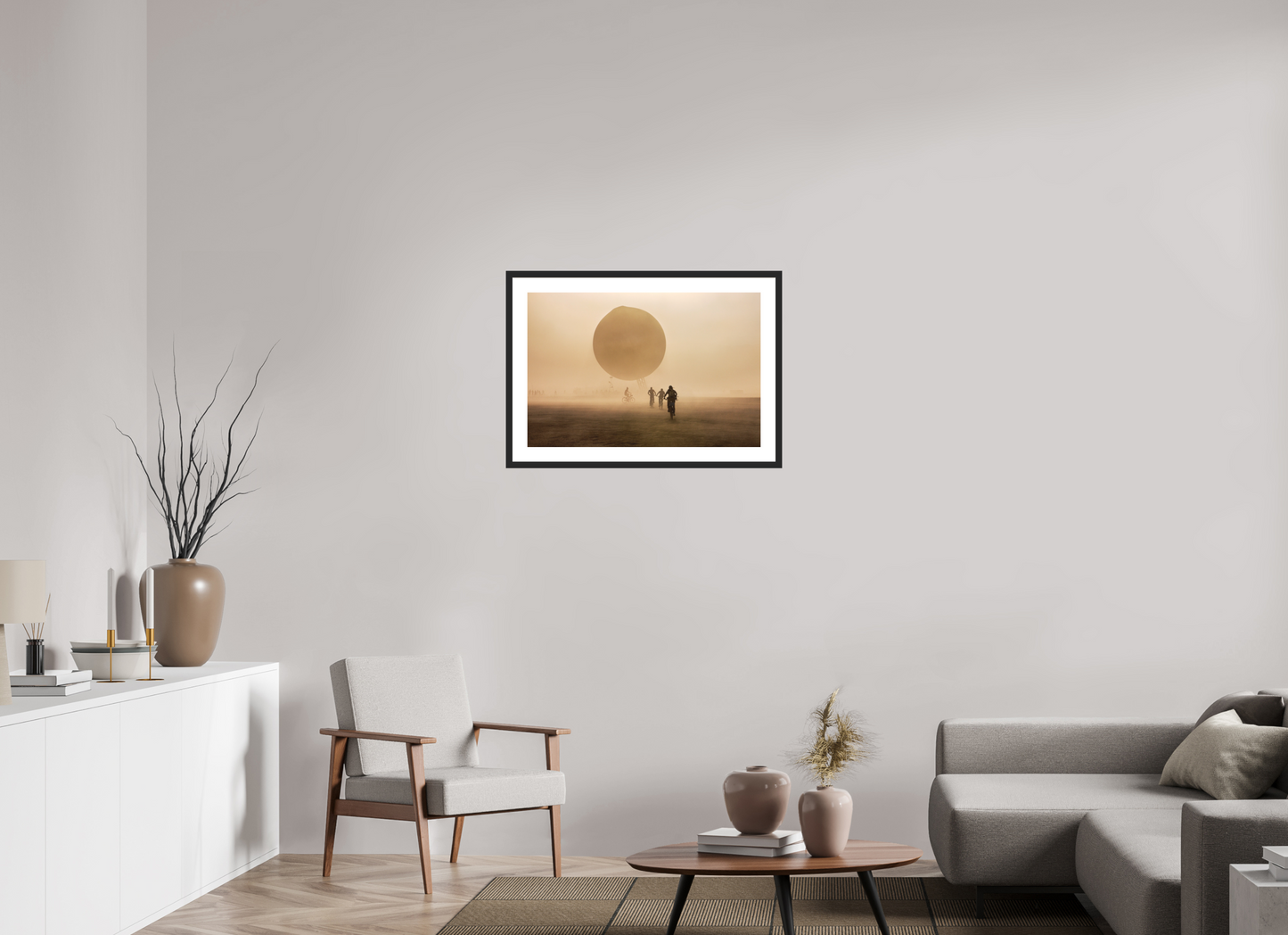 30 x 20″, Solid 0.8" Black Wood Frame With 2" Natural White Passe-Partout with Museum Glass Burning Man - Weather Balloon and Bikers