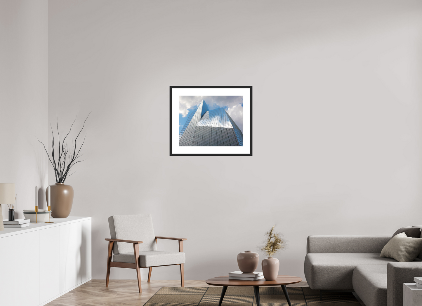 25 x 20″, Solid 0.8" Black Wood Frame With 3" Natural White Passe-Partout with Museum Glass Bank of America Tower