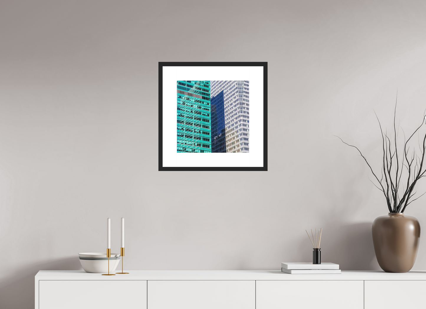 15 x 15″, Solid 0.8" Black Wood Frame With 3" Natural White Passe-Partout with Museum Glass Green and White Office Buildings