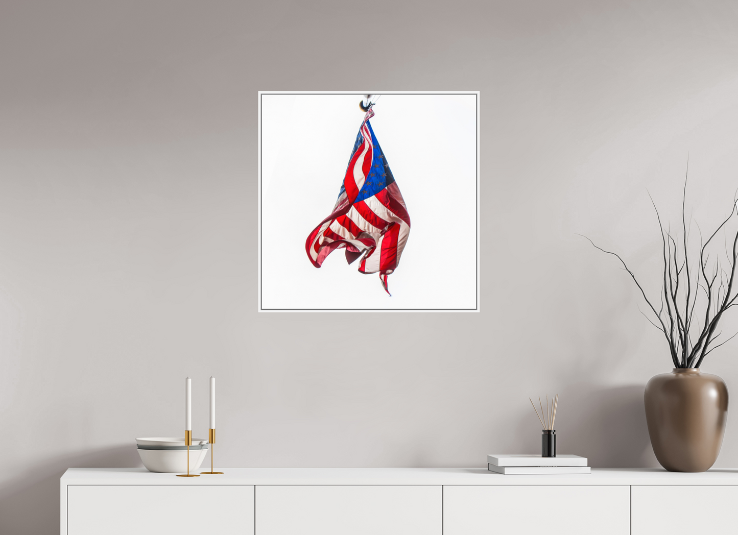 25 x 25″, White Matte Frame, No Border Crumpled USA Flag