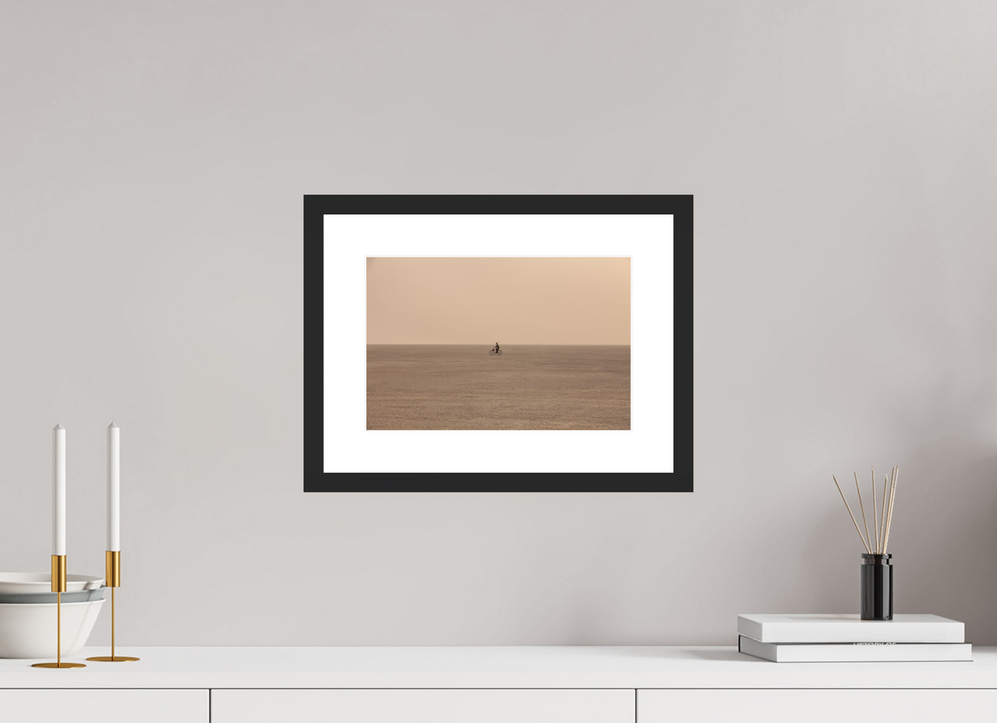 12 x 8″, Solid 0.8" Black Wood Frame With 2" Natural White Passe-Partout with Museum Glass Burning Man - Woman on Bike