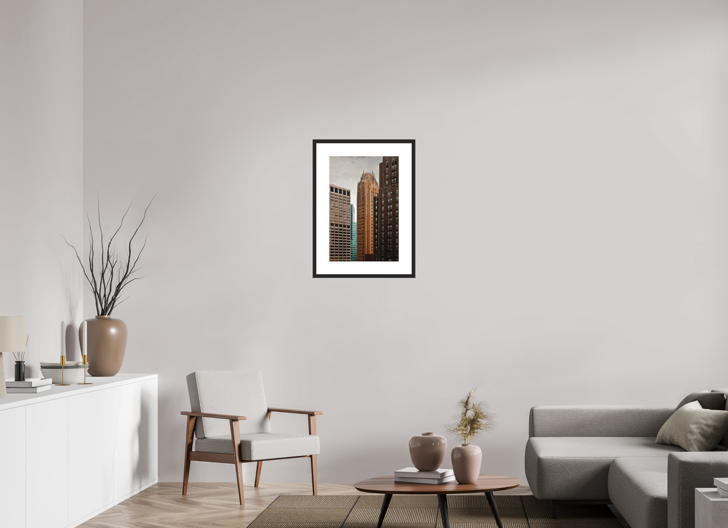 16 x 24″, Solid 0.8" Black Wood Frame With 3" Natural White Passe-Partout with Museum Glass General Electric Building