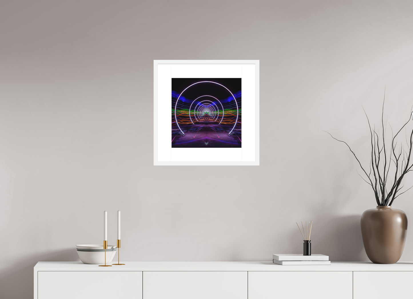 15 x 15″, Solid 0.8" White Wood Frame With 3" Natural White Passe-Partout with Museum Glass Burning Man - Concentric Circles of Light