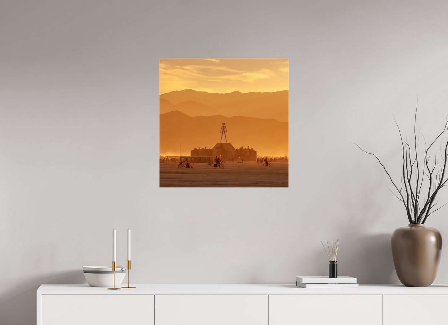 25 x 25″, Frameless Acrylic Glass Burning Man with Mountains
