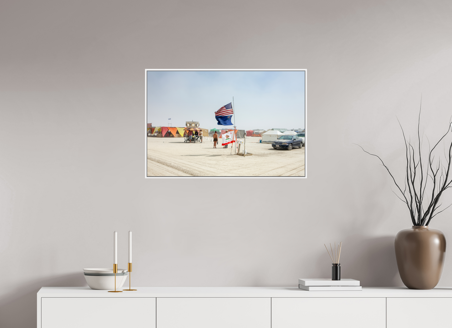 30 x 20″, White Matte Frame, No Border Burning Man - Two Flags