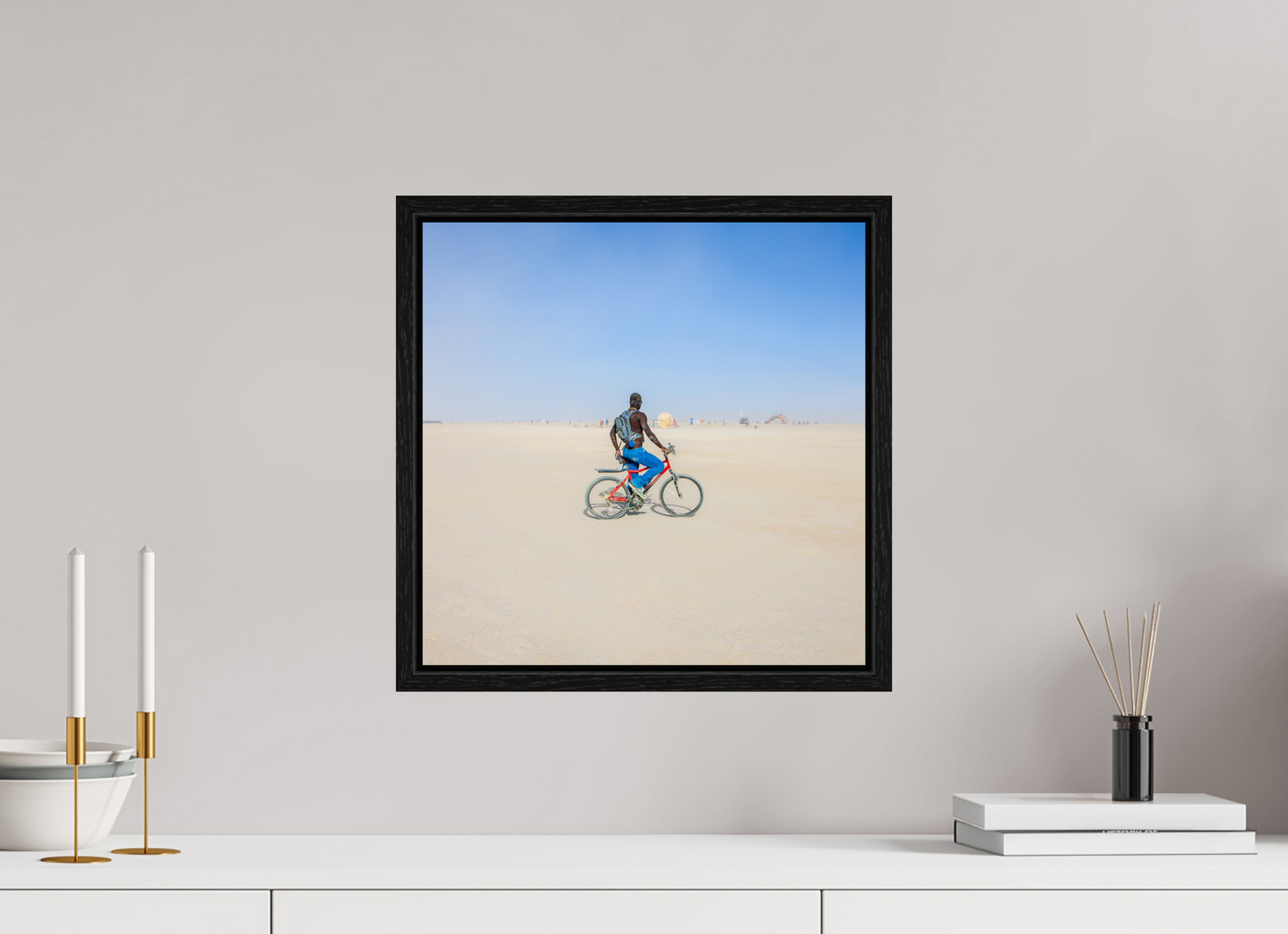 15 x 15″, Floater Frame Burning Man - Man on Red Bike