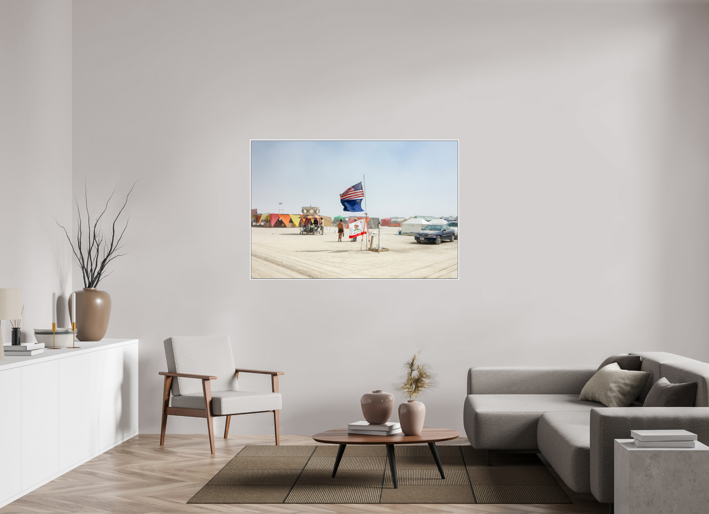 60 x 40″, White Matte Frame, No Border Burning Man - Two Flags