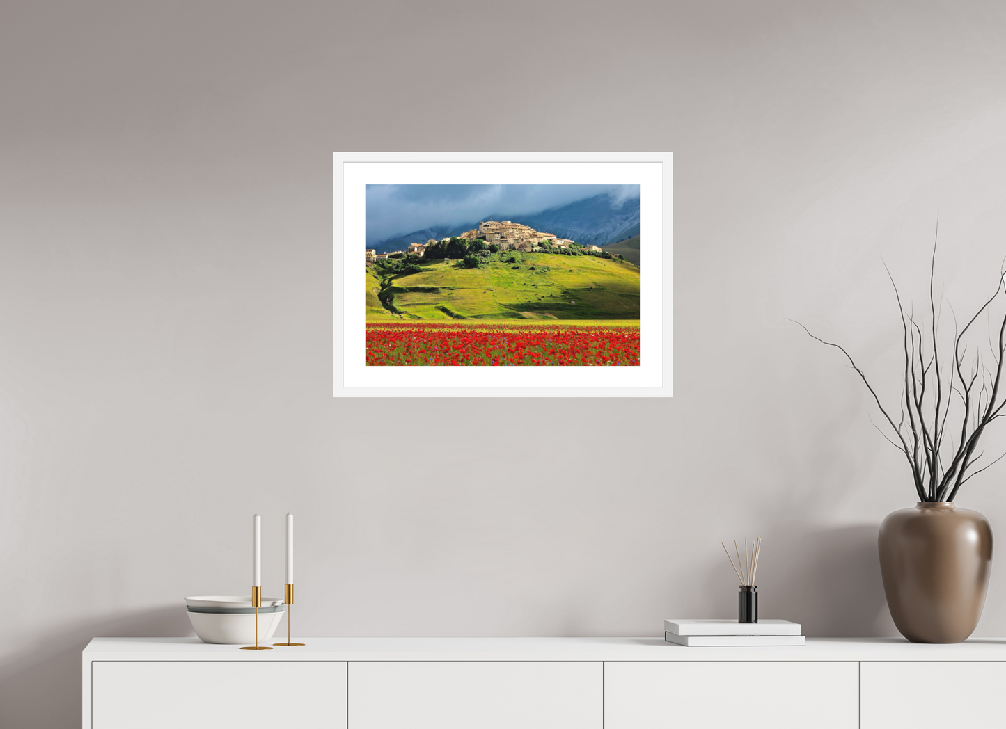 24 x 16″, Solid 0.8" White Wood Frame With 2" Natural White Passe-Partout with Museum Glass Castelucci, Umbrian Landscape